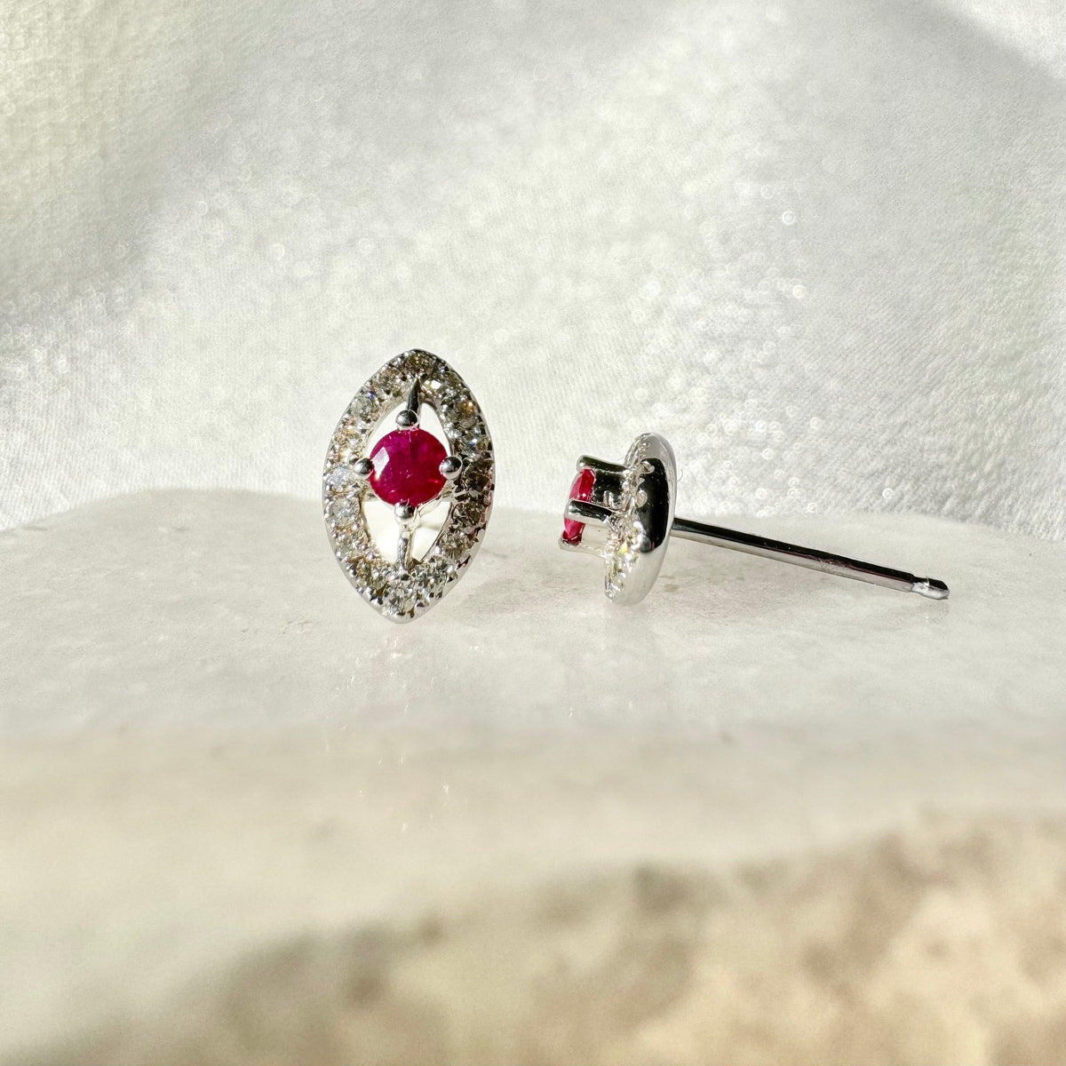 14k White Gold Ruby Diamond Marquise Halo Stud Earrings, July Birthstone