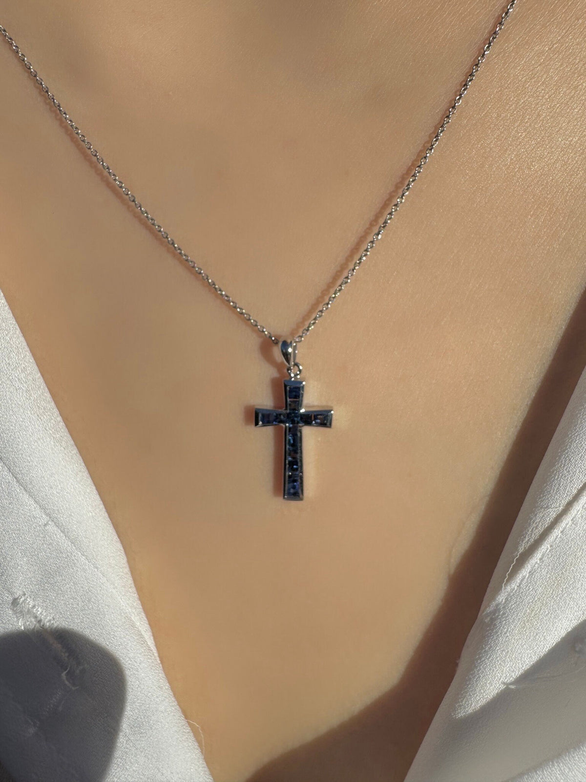 Genuine Sapphire Tapered Cross Pendant, 18k Solid Gold, September Birthstone, Gift for Her
