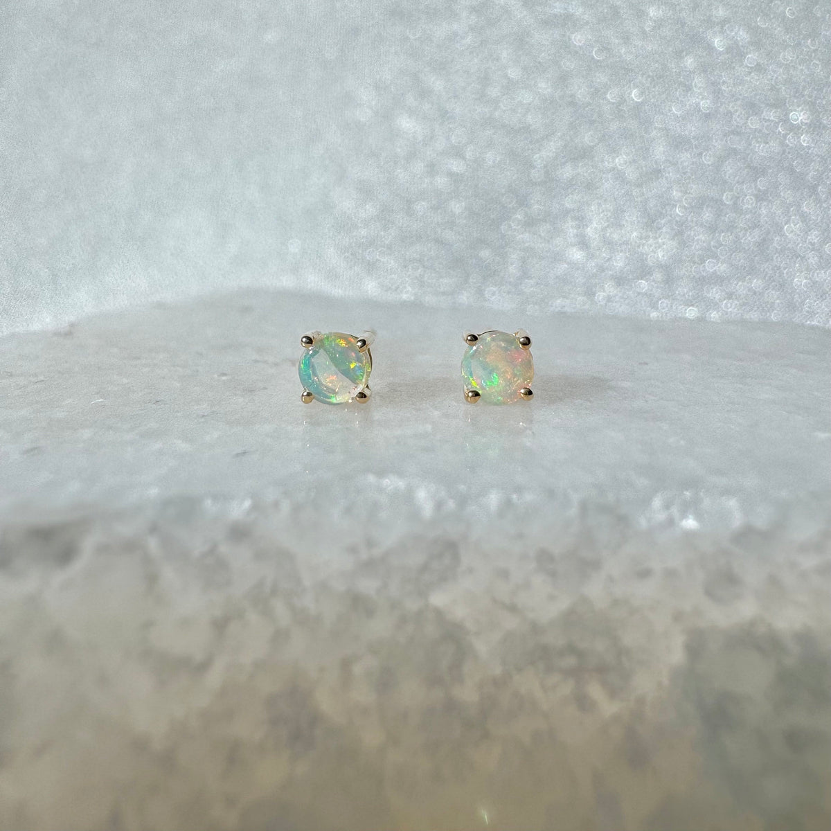 Genuine Opal 3 mm Round Cut Solitaire Stud Earrings / 14k Solid Gold