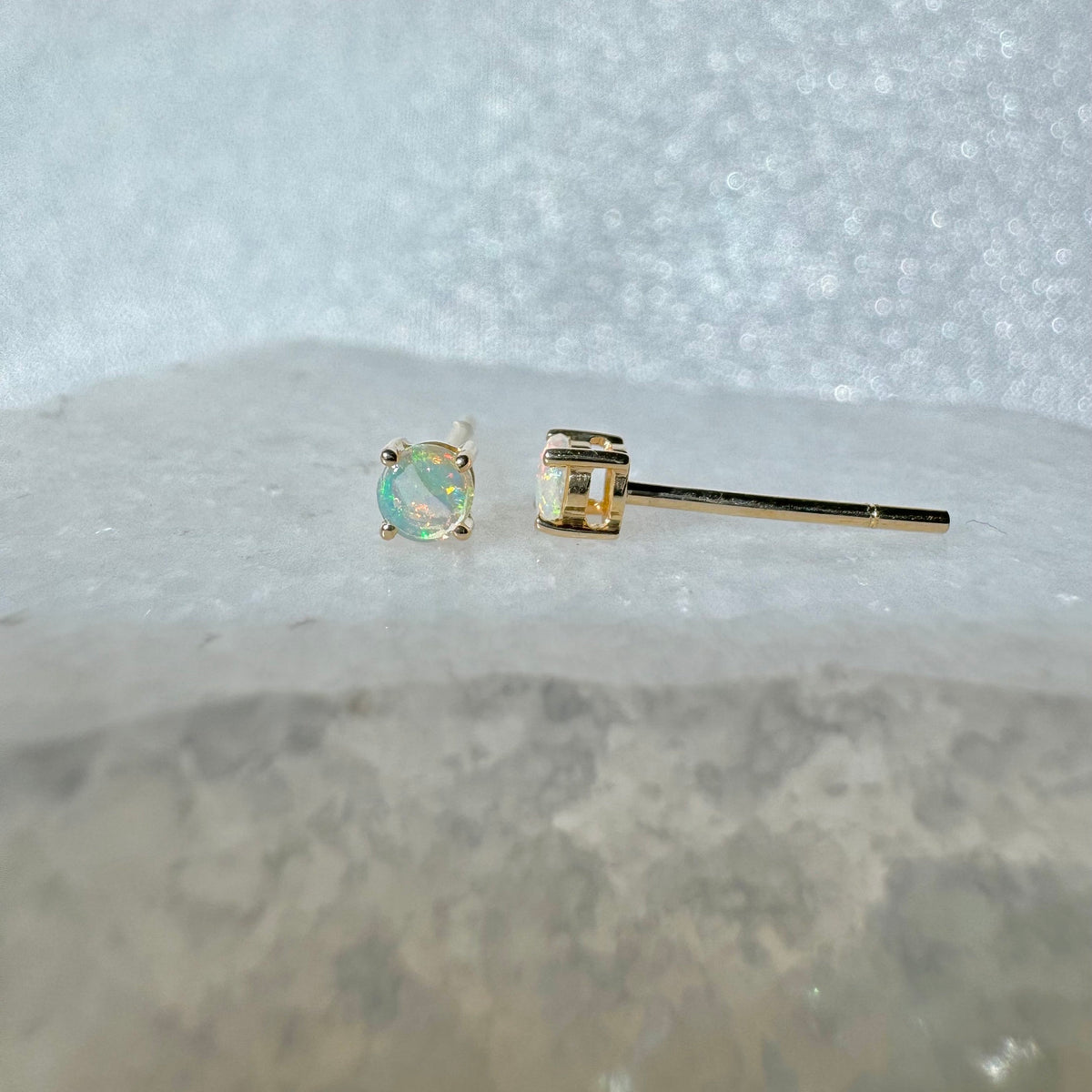 Genuine Opal 3 mm Round Cut Solitaire Stud Earrings / 14k Solid Gold