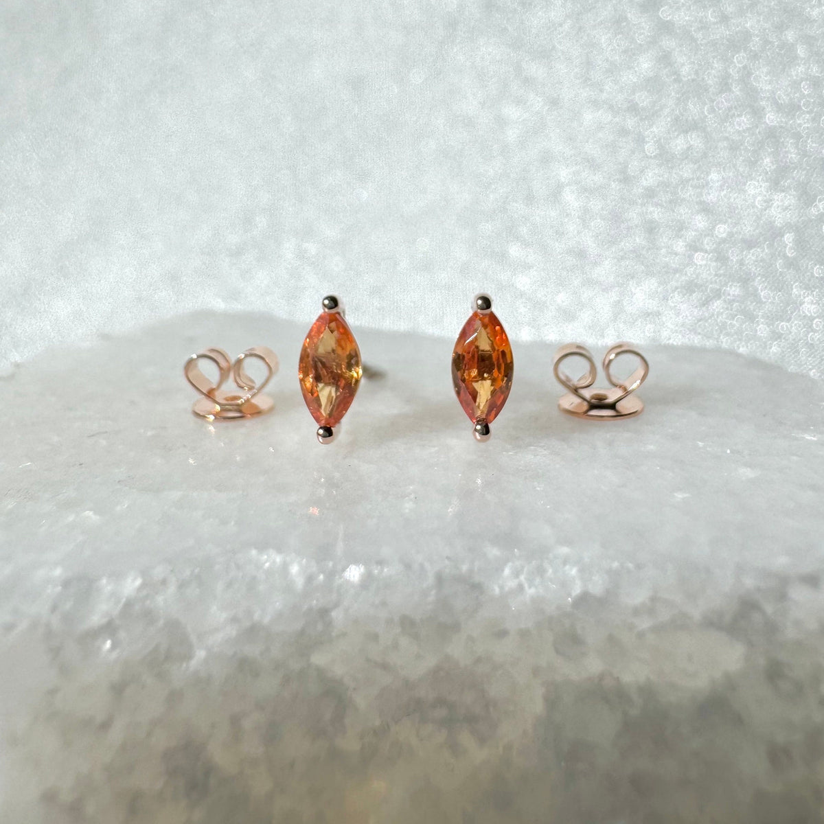 Natural Orange Sapphire Studs / 14k Rose Gold Marquise Earrings / Orange Gemstone Earrings