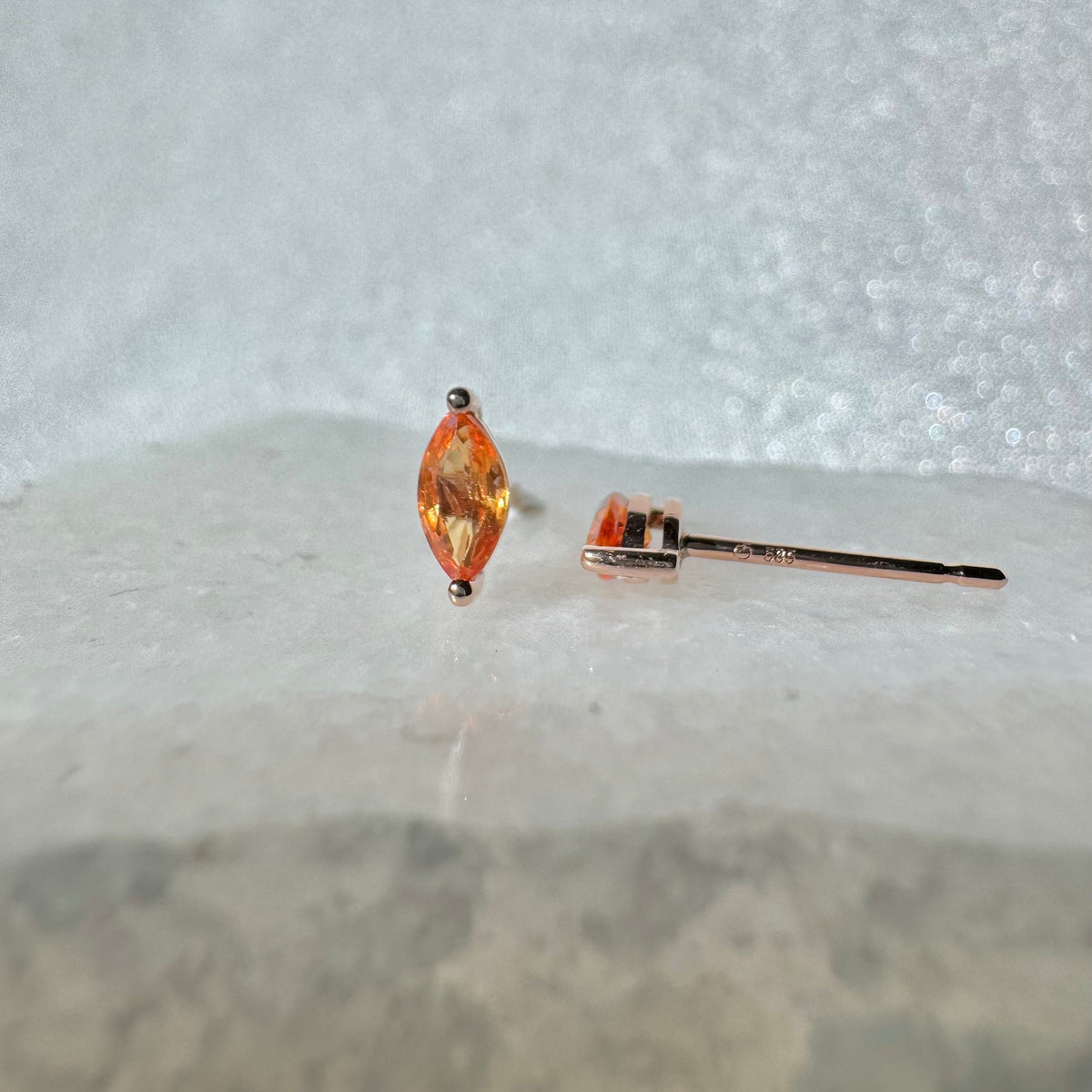Natural Orange Sapphire Studs / 14k Rose Gold Marquise Earrings / Orange Gemstone Earrings