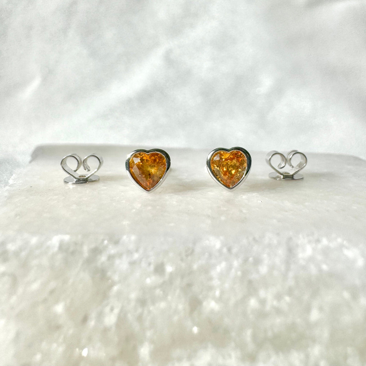 Genuine Orange Sapphire Heart Bezel Stud Earrings in 18k Solid Gold