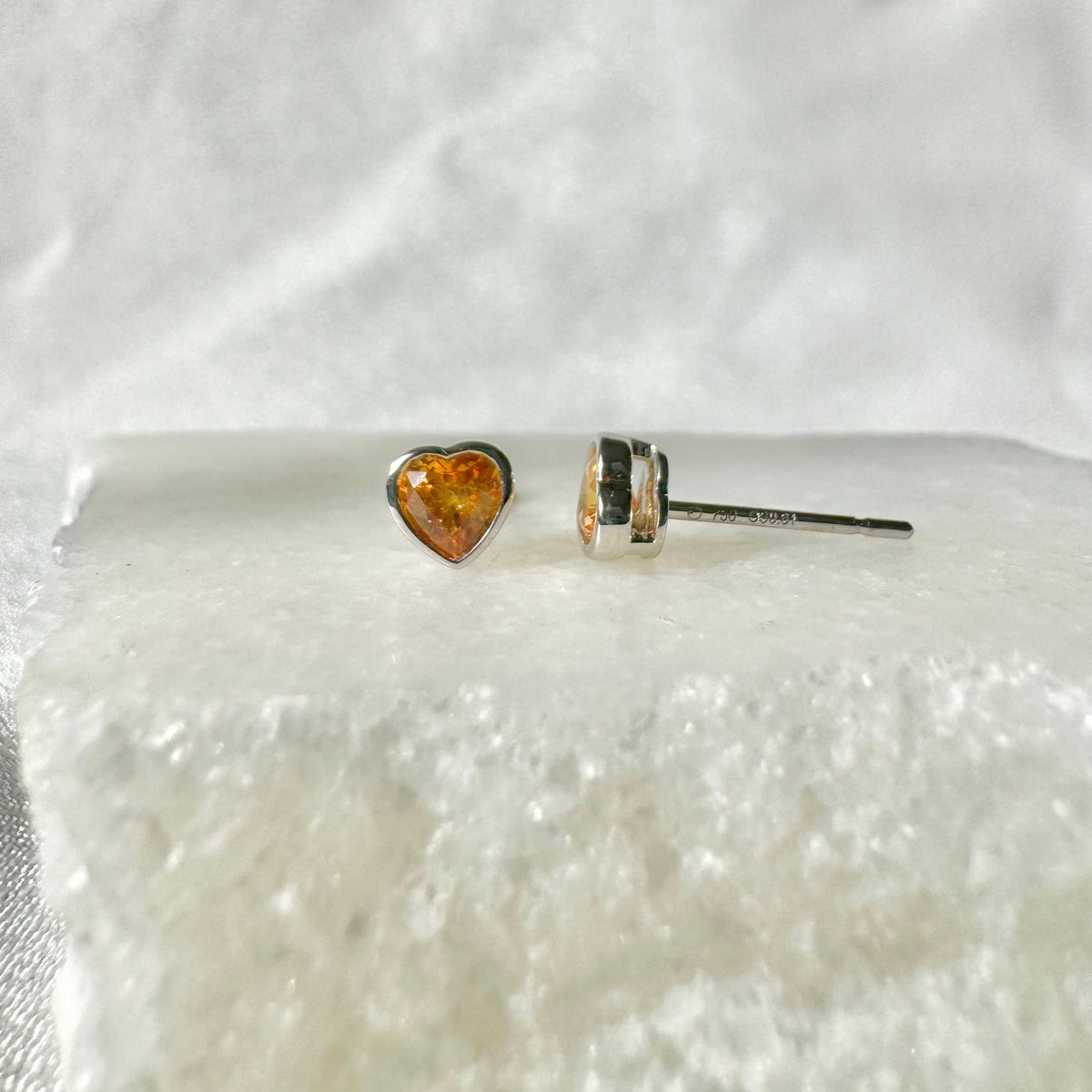 Genuine Orange Sapphire Heart Bezel Stud Earrings in 18k Solid Gold