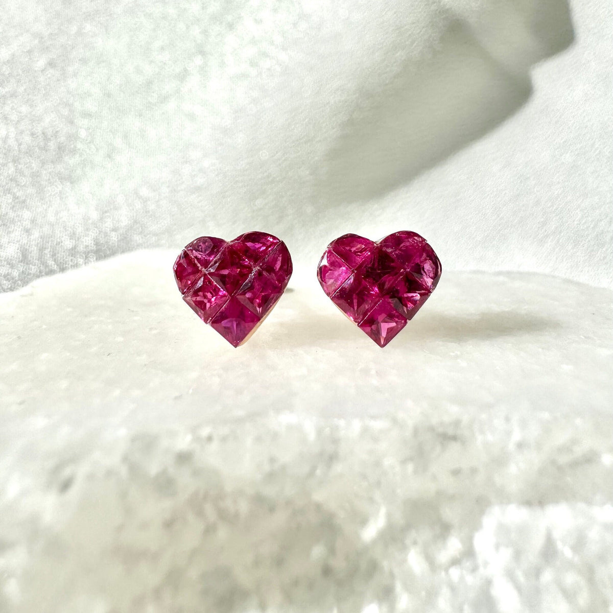 Genuine Ruby Pavé Heart Stud Earrings, 14k White or Rose Gold, July Birthstone, Gift for Her