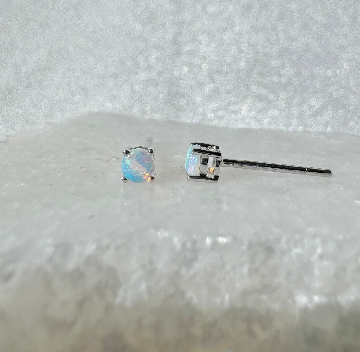 Genuine Opal 3 mm Round Cut Solitaire Stud Earrings / 14k Solid Gold