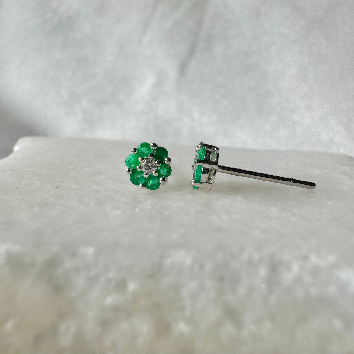 Genuine Emerald and Diamond Flower Stud Earrings | 14k Solid Gold