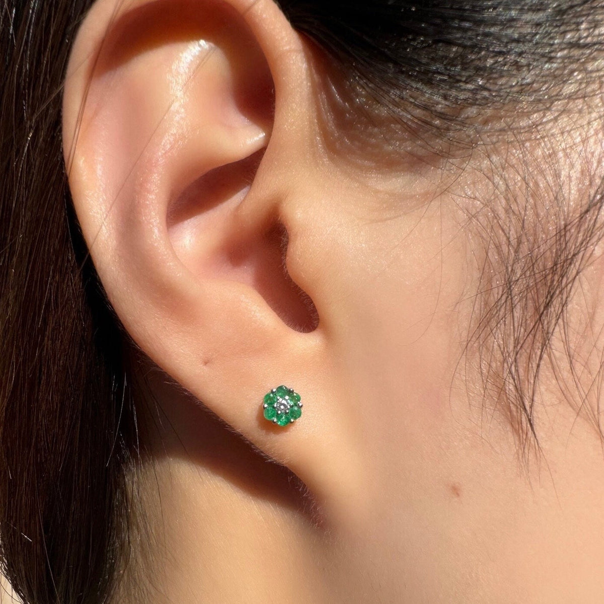 Genuine Emerald and Diamond Flower Stud Earrings | 14k Solid Gold
