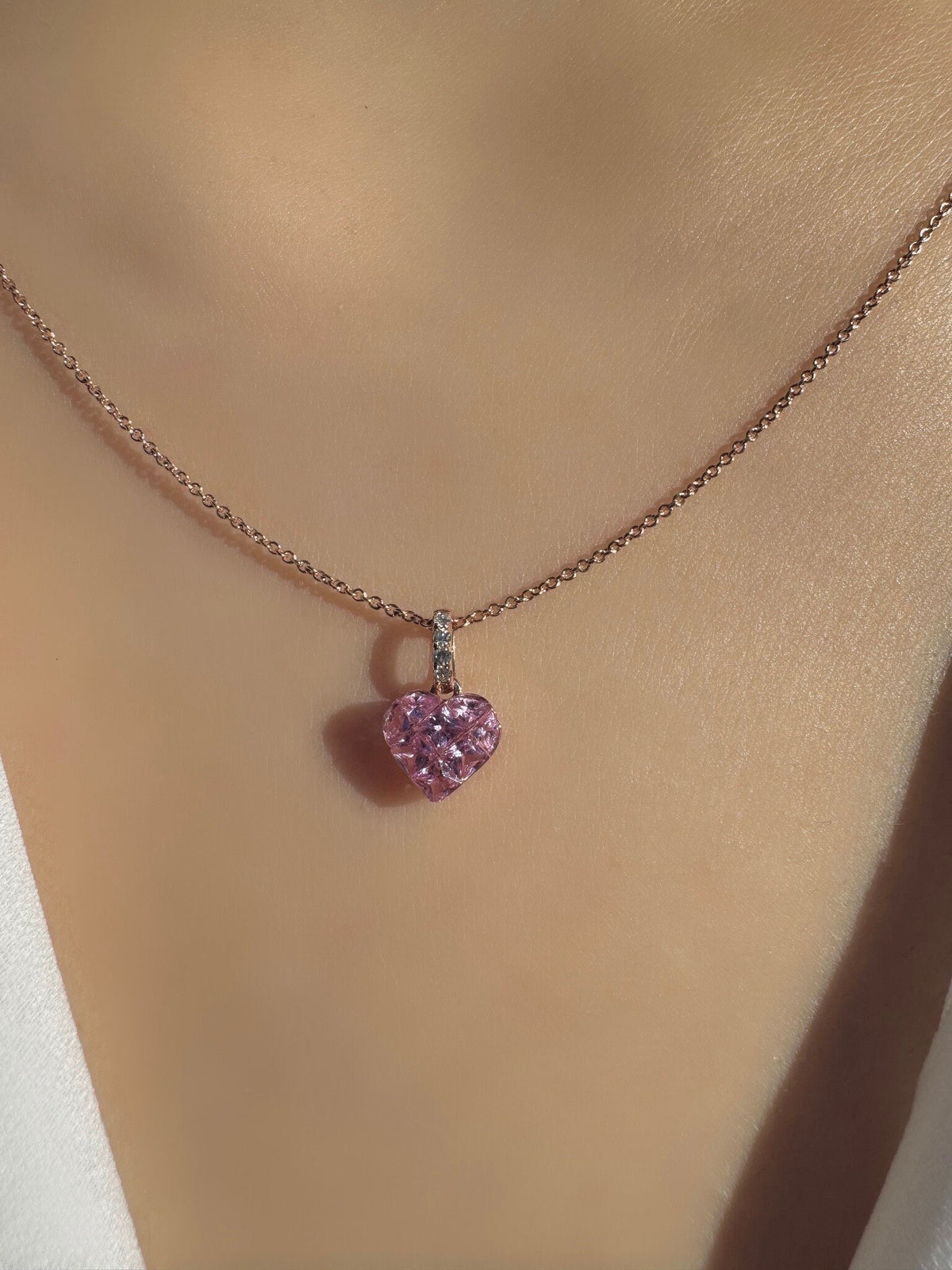 Genuine Pink Sapphire and Diamond Heart Pave Pendant | 14k Solid Gold