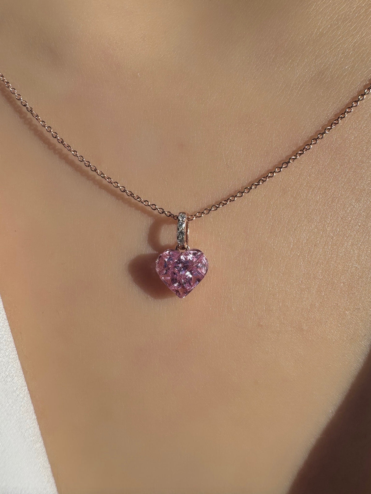 Genuine Pink Sapphire and Diamond Heart Pave Pendant | 14k Solid Gold