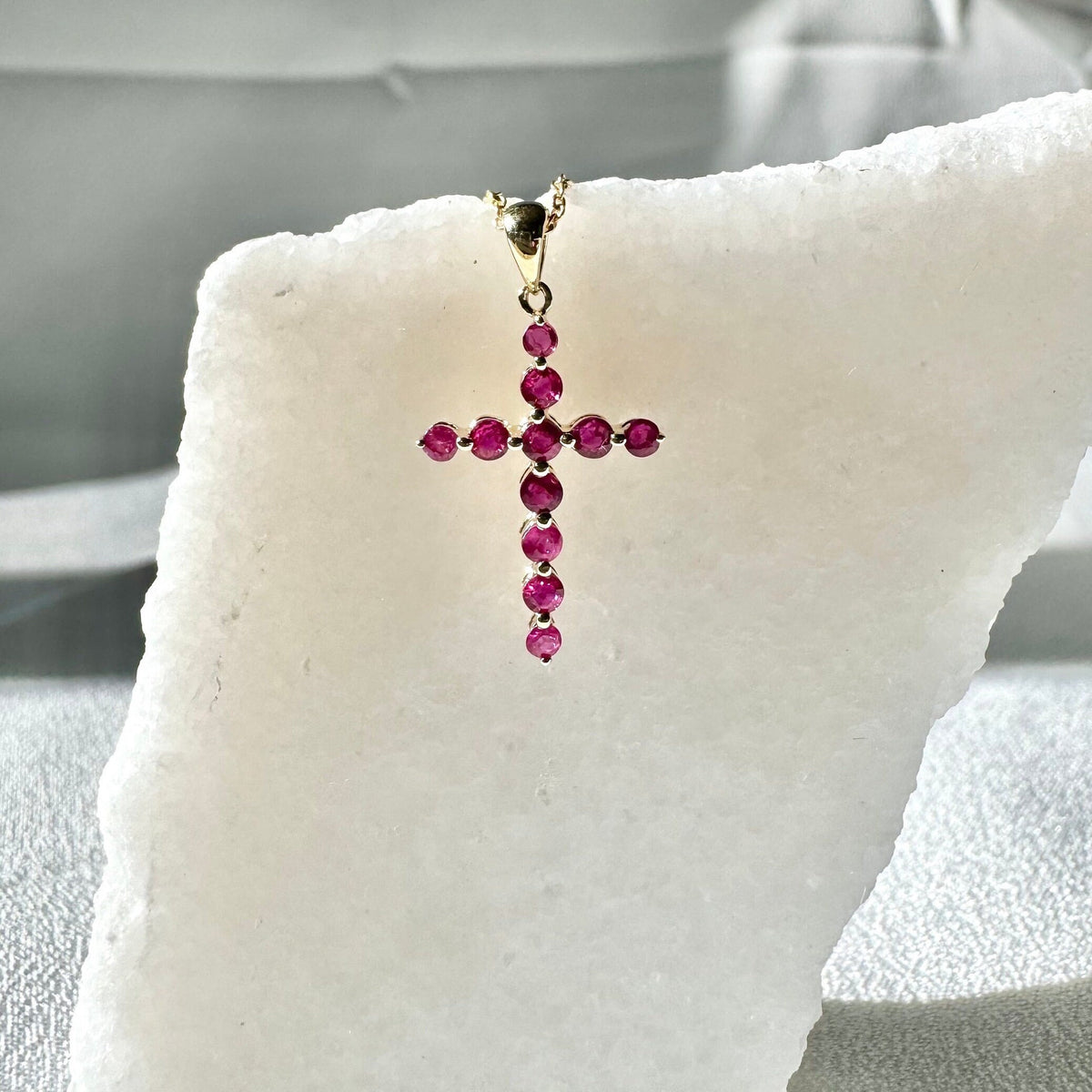 Genuine Ruby Round Cut Cross Pendant, 14k Solid Gold, July Birthstone, Gift for Her
