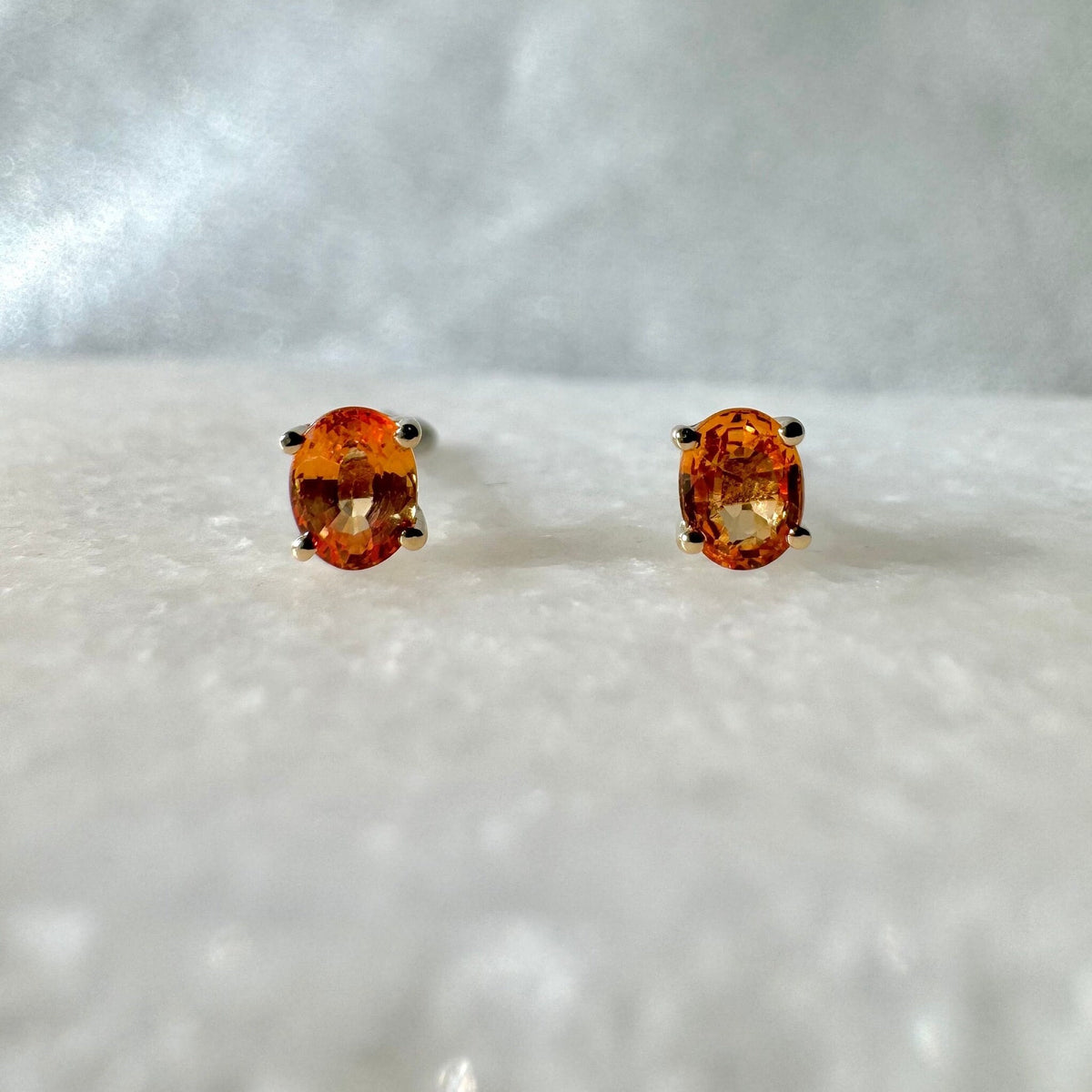 Genuine Orange Sapphire Oval Cut Stud Earrings in 14K Solid Gold
