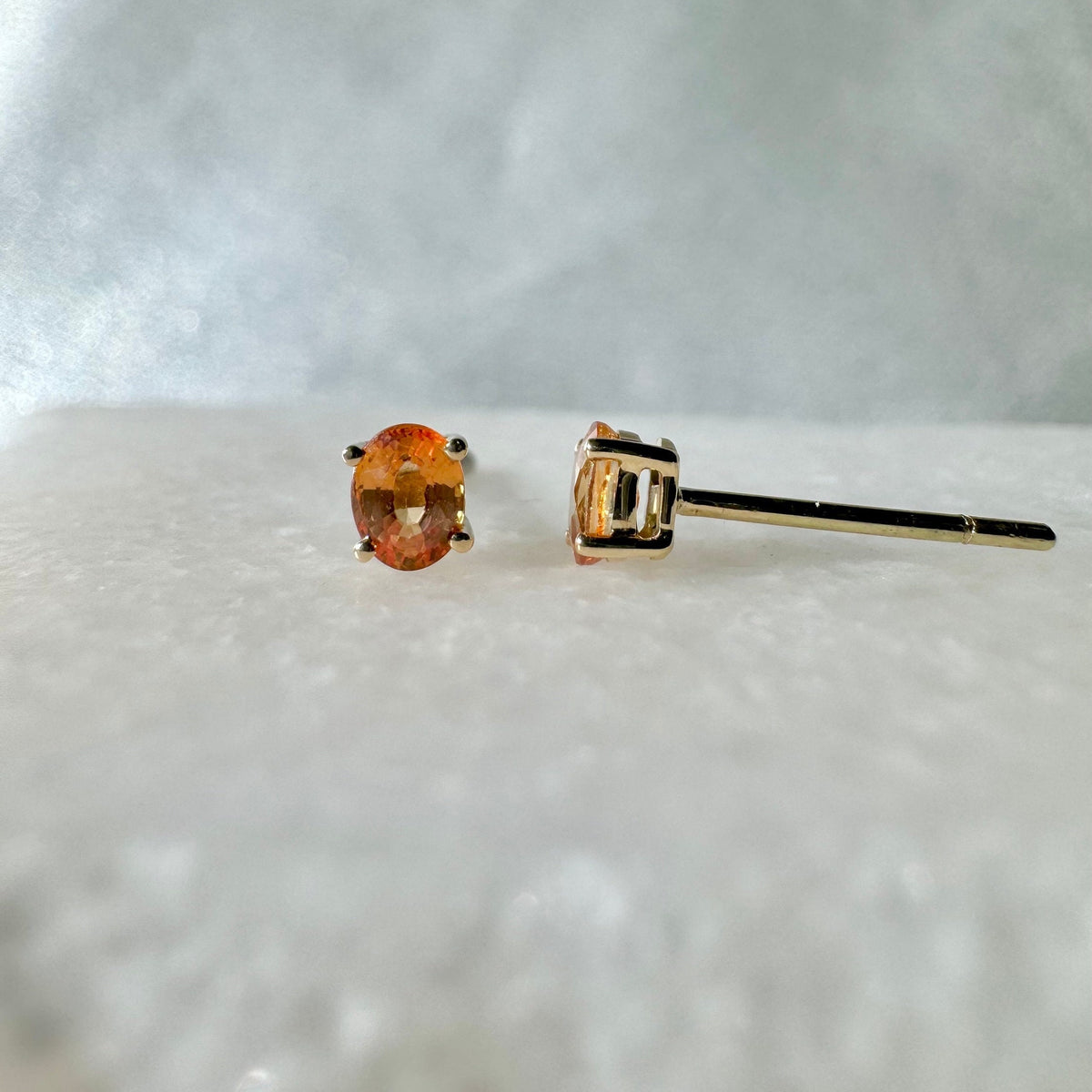 Genuine Orange Sapphire Oval Cut Stud Earrings in 14K Solid Gold