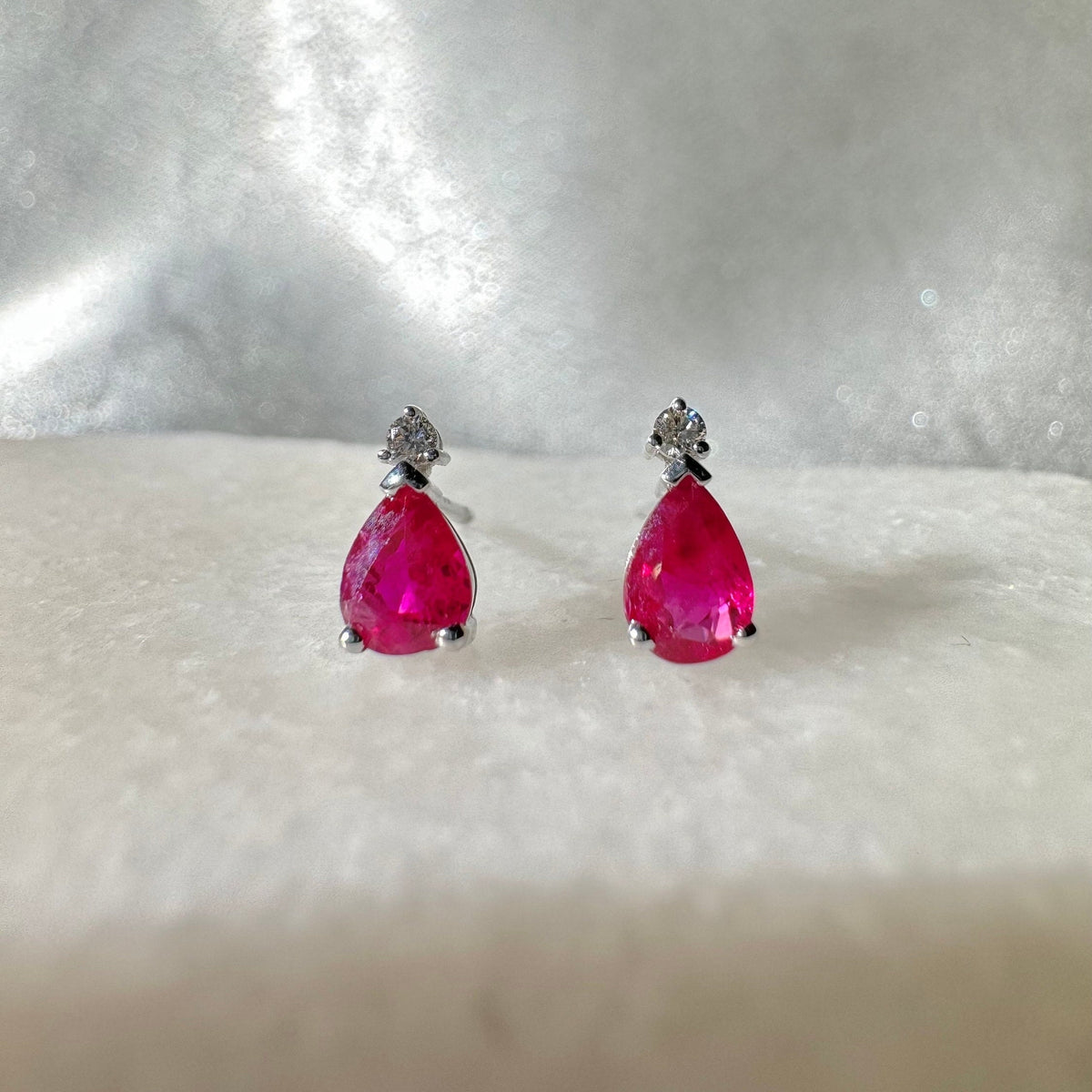 Genuine Ruby and Diamond Teardrop Stud Earrings in 14k Solid White Gold