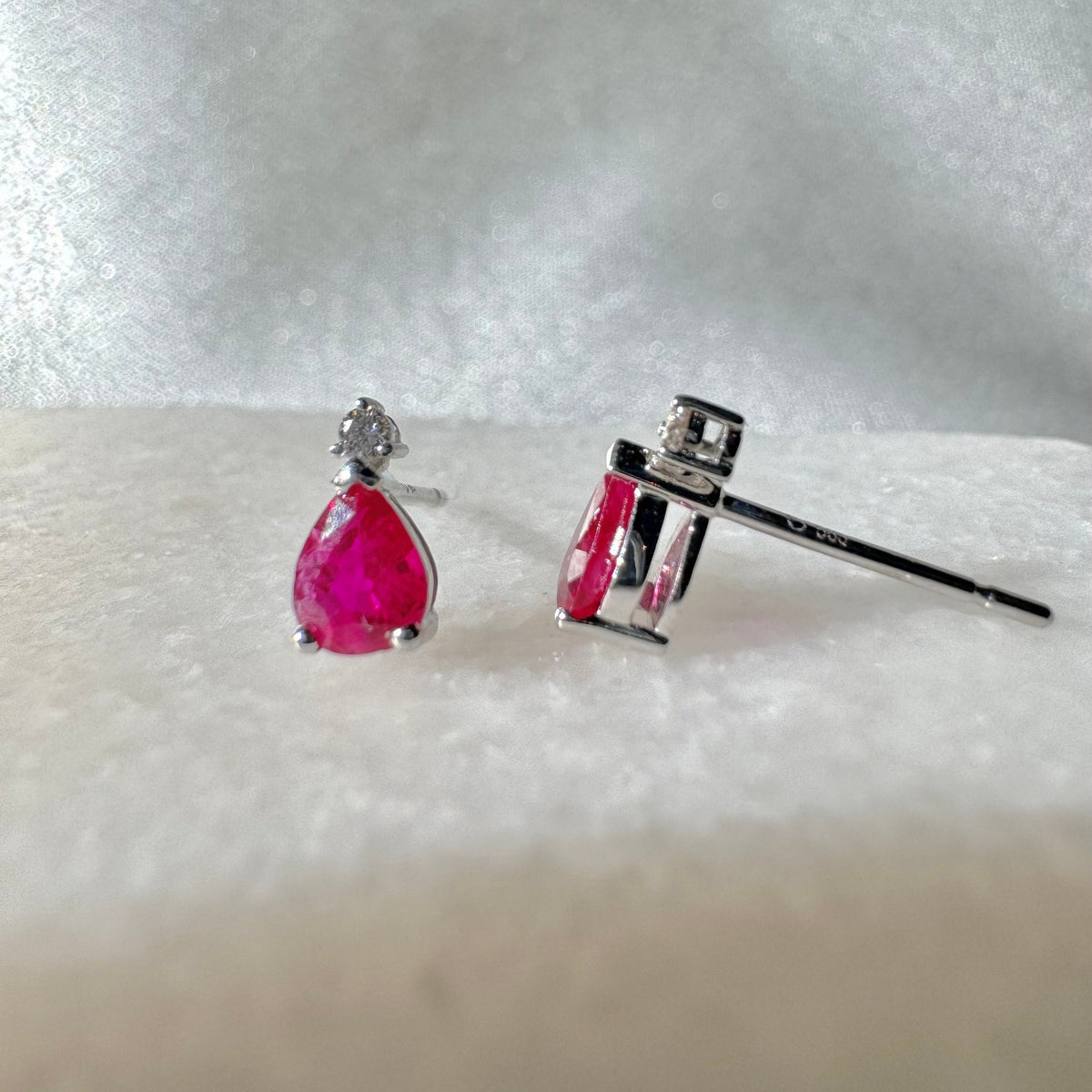 Genuine Ruby and Diamond Teardrop Stud Earrings in 14k Solid White Gold