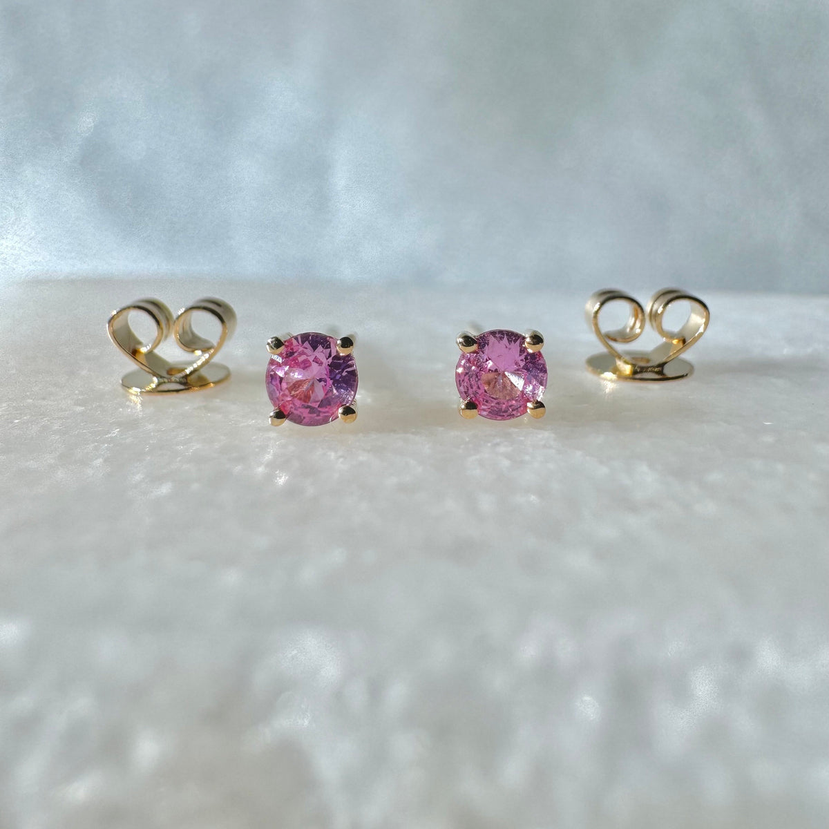 Genuine Pink Sapphire 3mm Round Cut Stud Earrings / 14k Solid Gold
