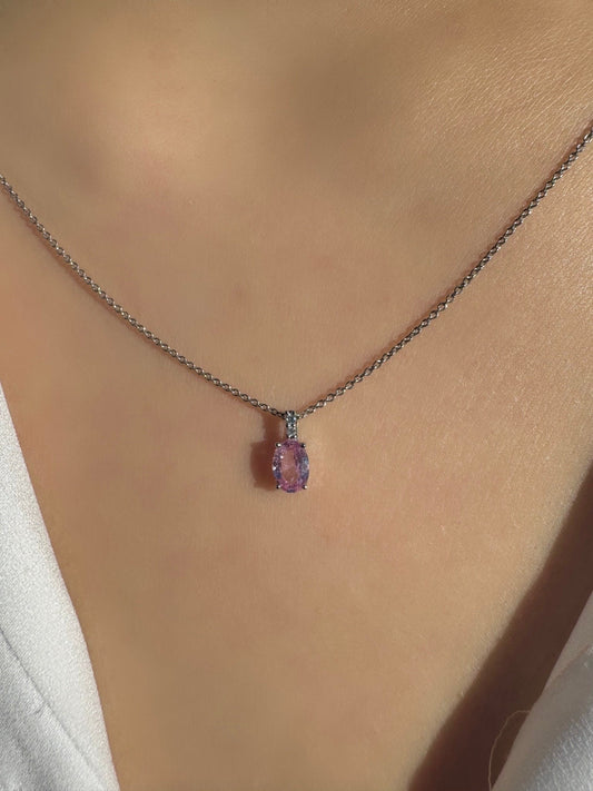 Genuine Pink Sapphire and Diamond Oval Cut Pendant | 14k Solid Gold