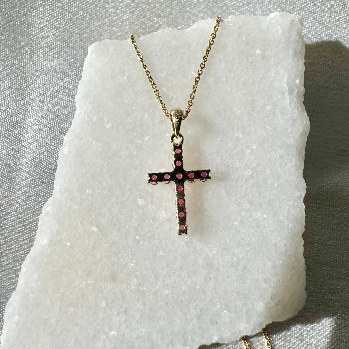 Genuine Ruby Round Cut Cross Pendant (Large) | 14k Solid Gold