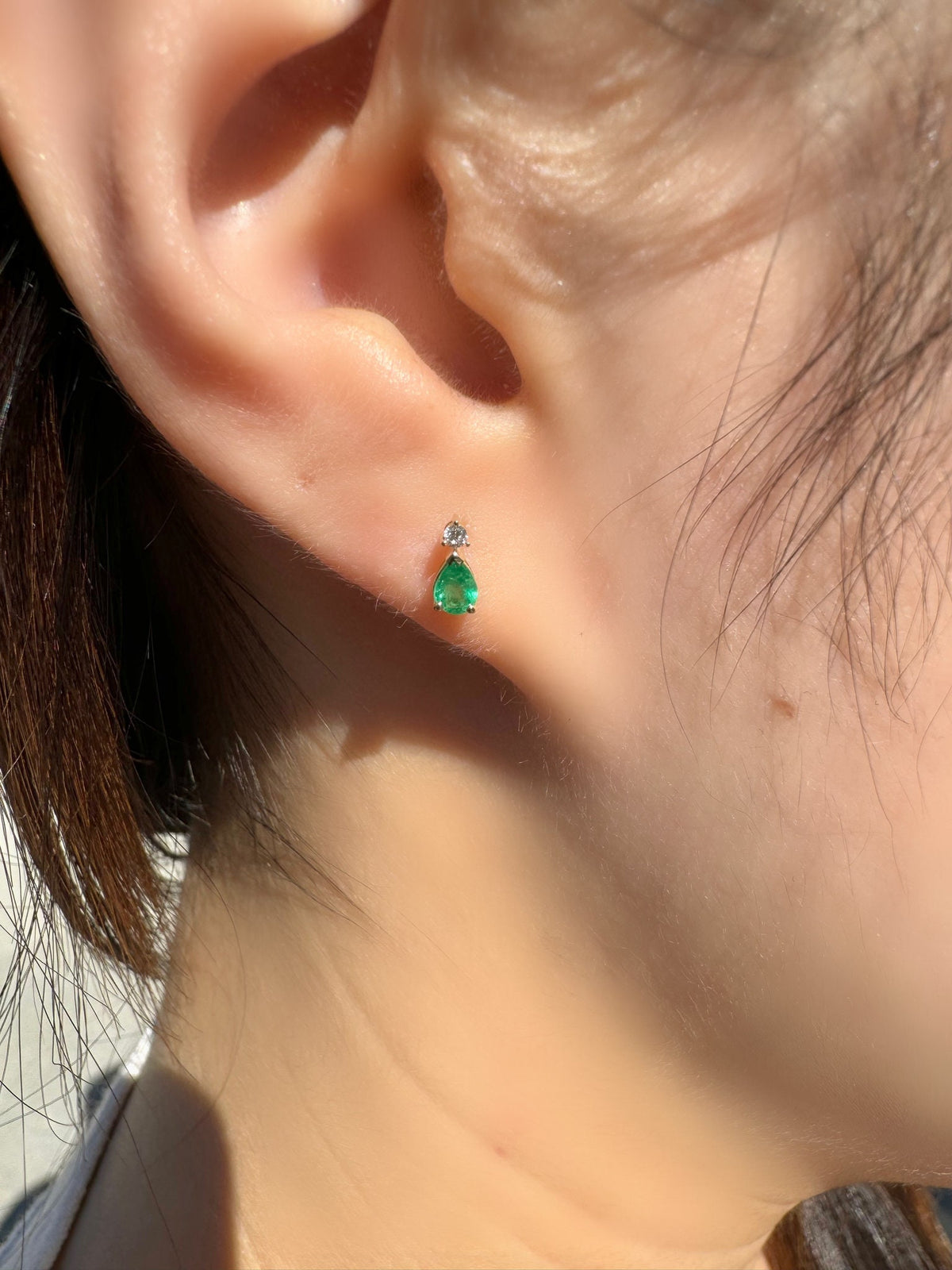 Pear Cut Emerald Diamond Stud Earrings, 14k Solid Gold, May Birthstone