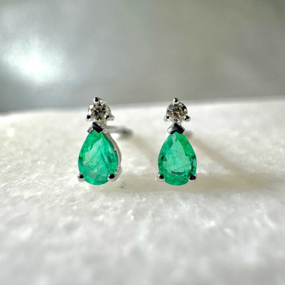 Pear Cut Emerald Diamond Stud Earrings, 14k Solid Gold, May Birthstone