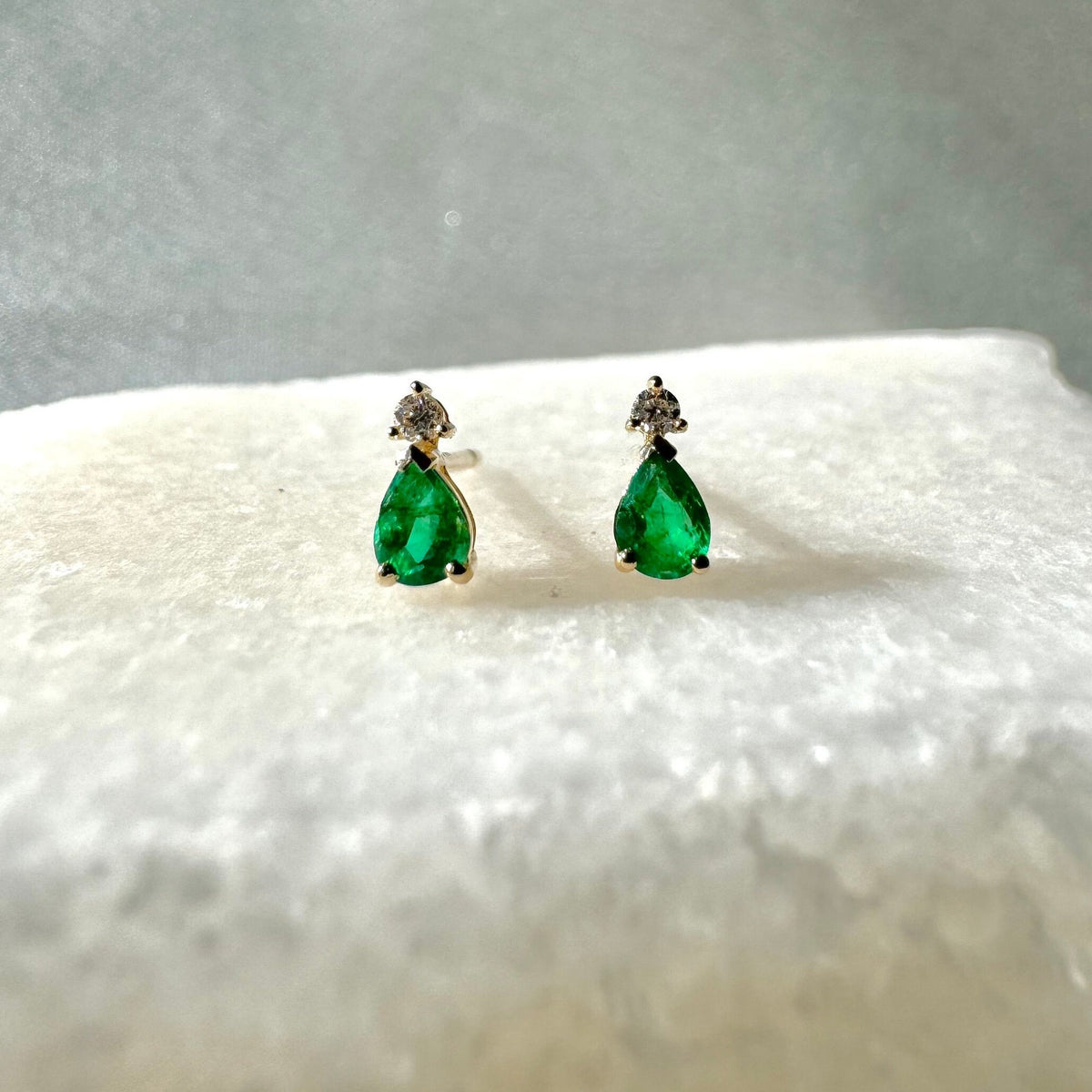 Pear Cut Emerald Diamond Stud Earrings, 14k Solid Gold, May Birthstone