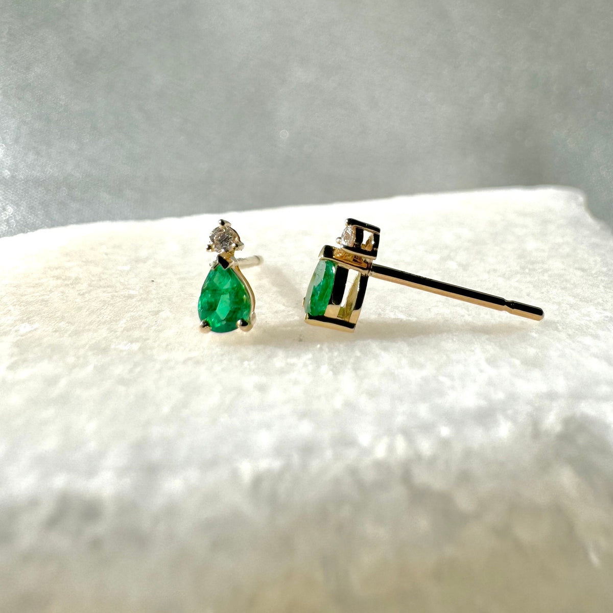 Pear Cut Emerald Diamond Stud Earrings, 14k Solid Gold, May Birthstone