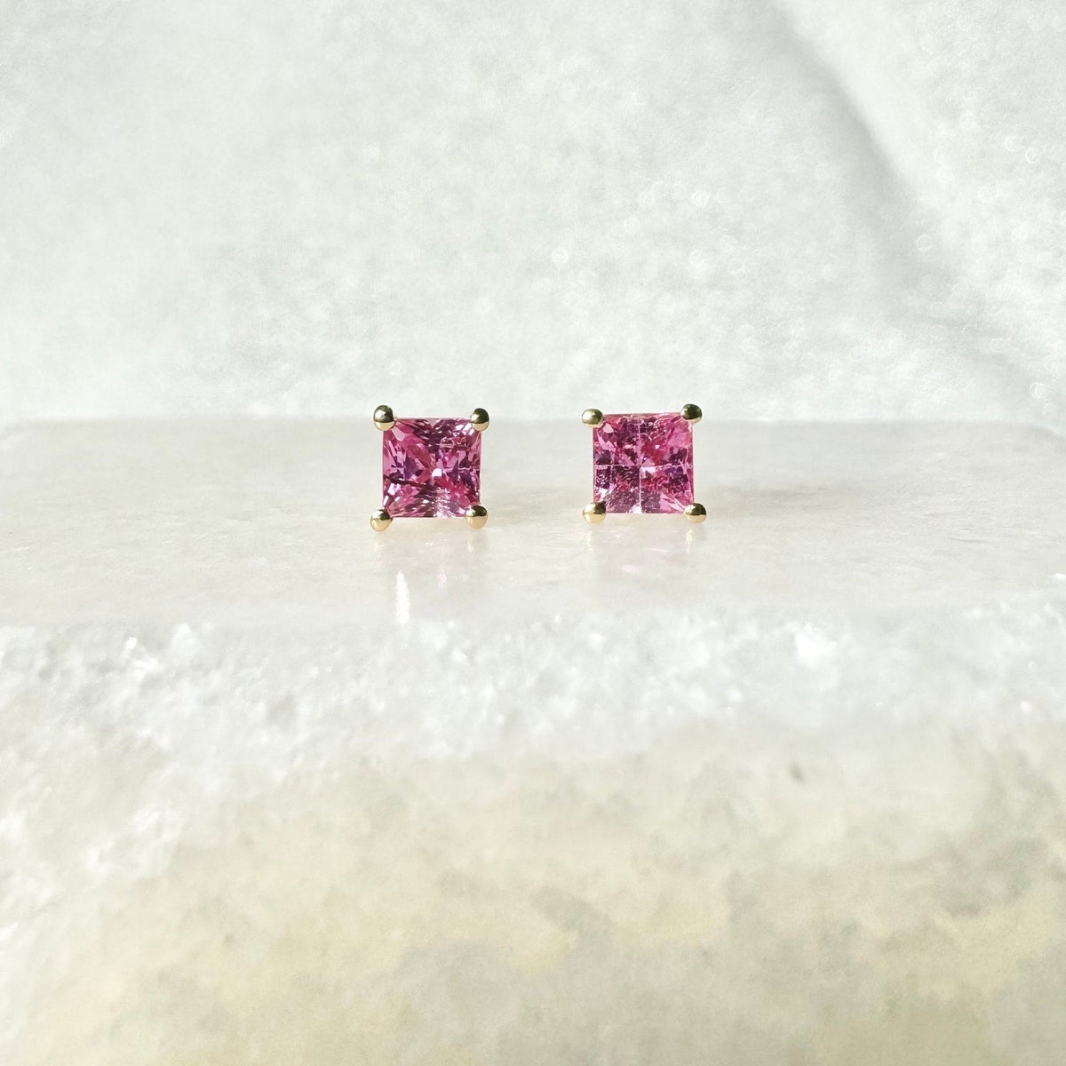 Genuine Pink Sapphire Princess Cut Stud Earrings / 18k Solid Gold / 14k Solid Gold