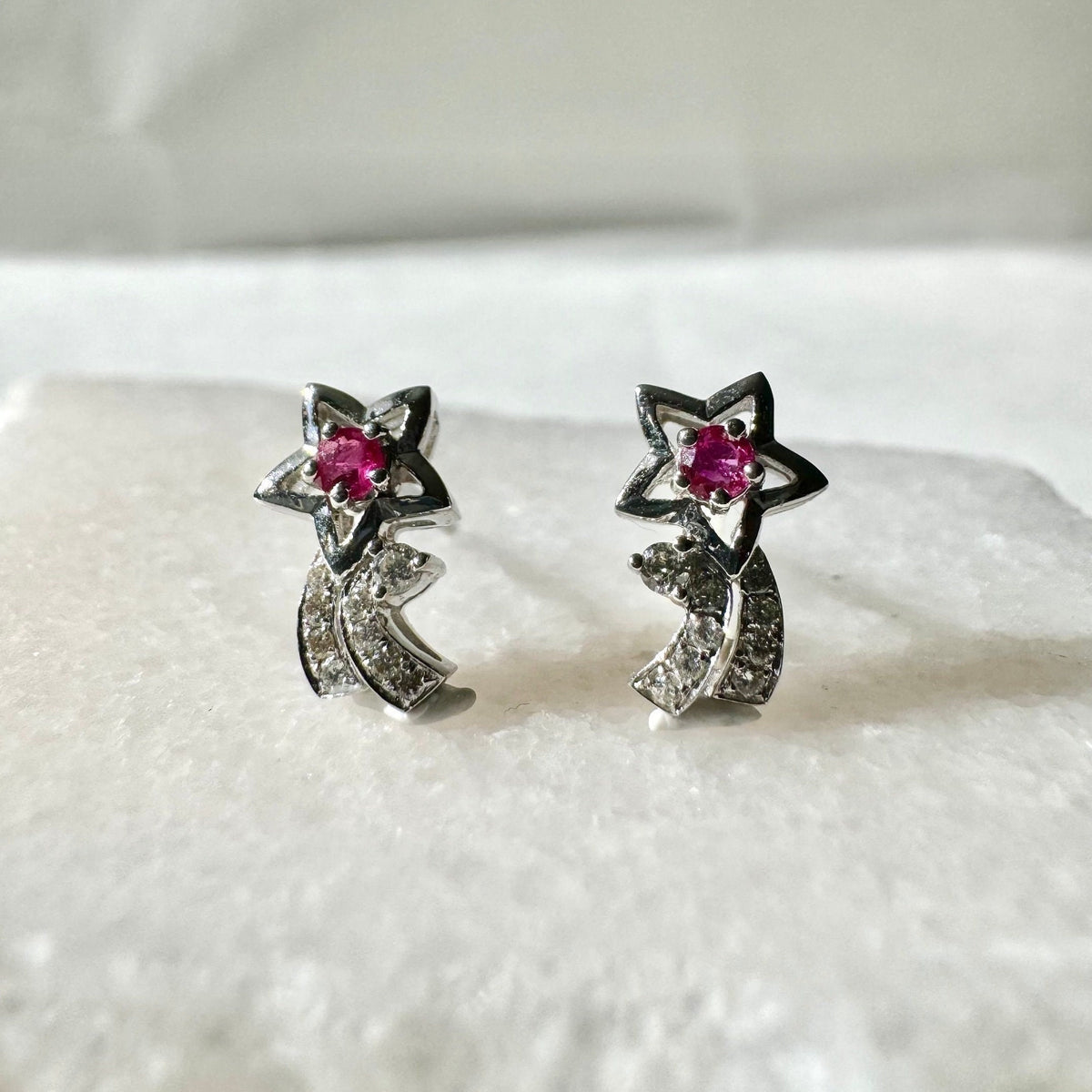 Genuine Ruby Diamond All Star Earrings, 14k Solid White Gold, July Birthstone