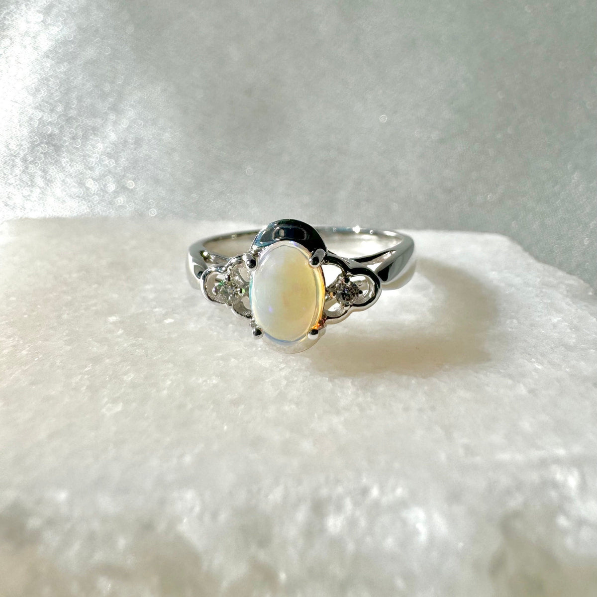 Cabochon Opal and Diamond Oval Ring, 14k Solid White Gold, October Birthstone, Gift for Her