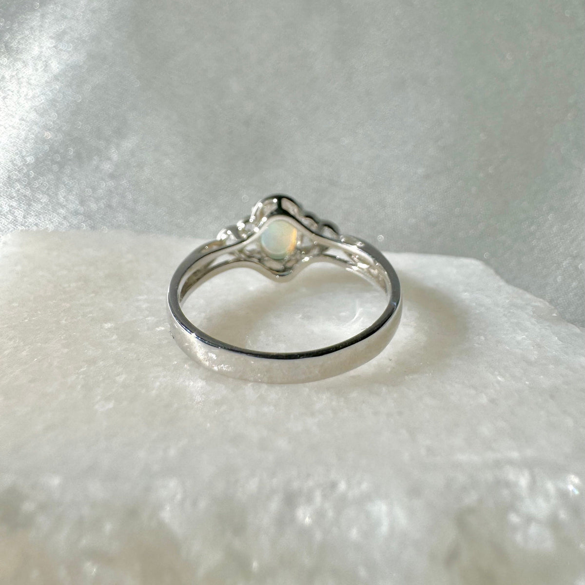 Cabochon Opal and Diamond Oval Ring, 14k Solid White Gold, October Birthstone, Gift for Her