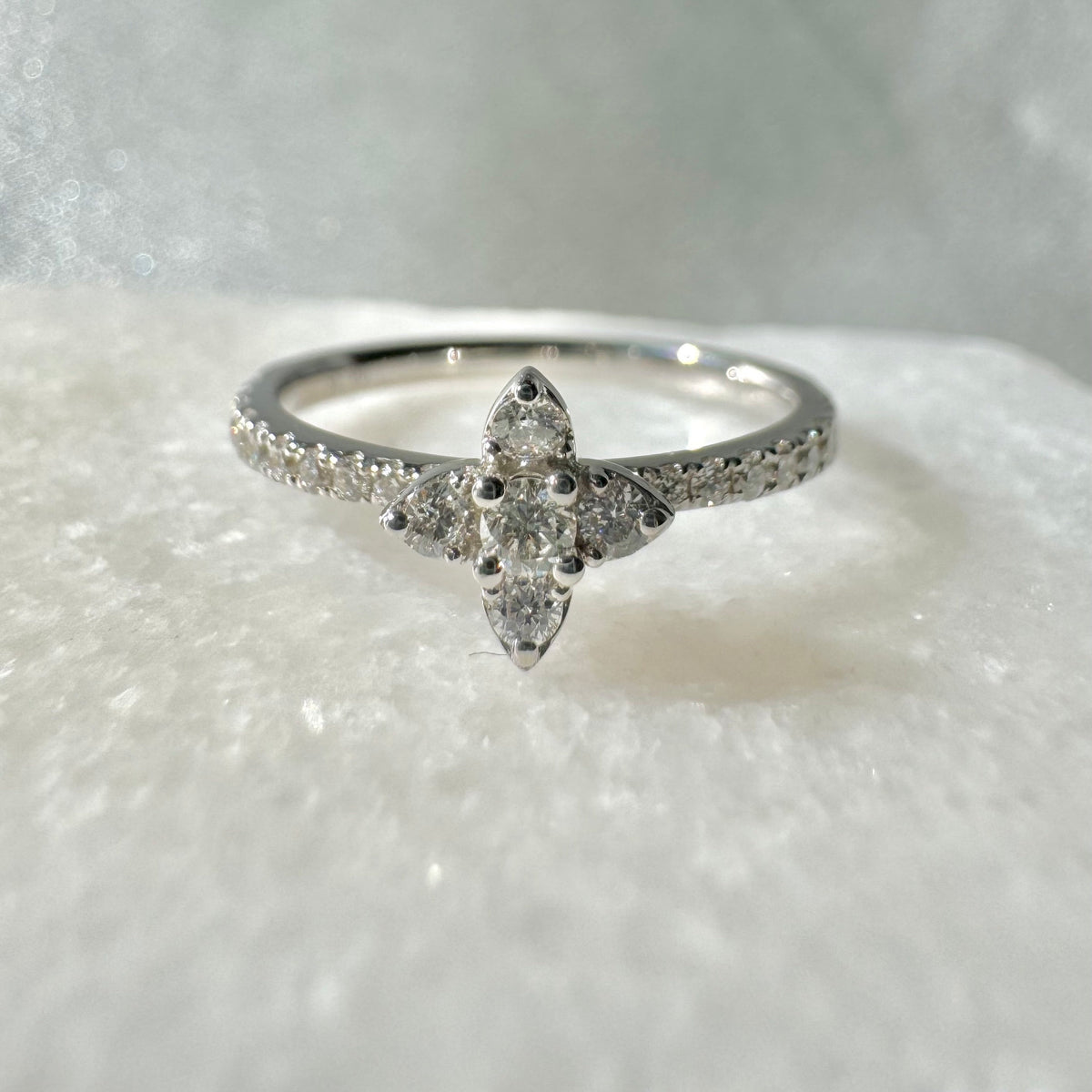 Genuine Diamond Flower Ring in 18k Solid White Gold