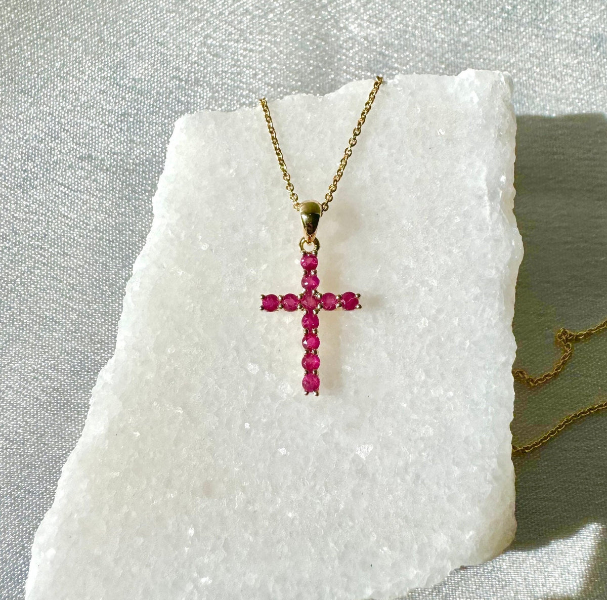Genuine Ruby Round Cut Cross Pendant (Large) | 14k Solid Gold
