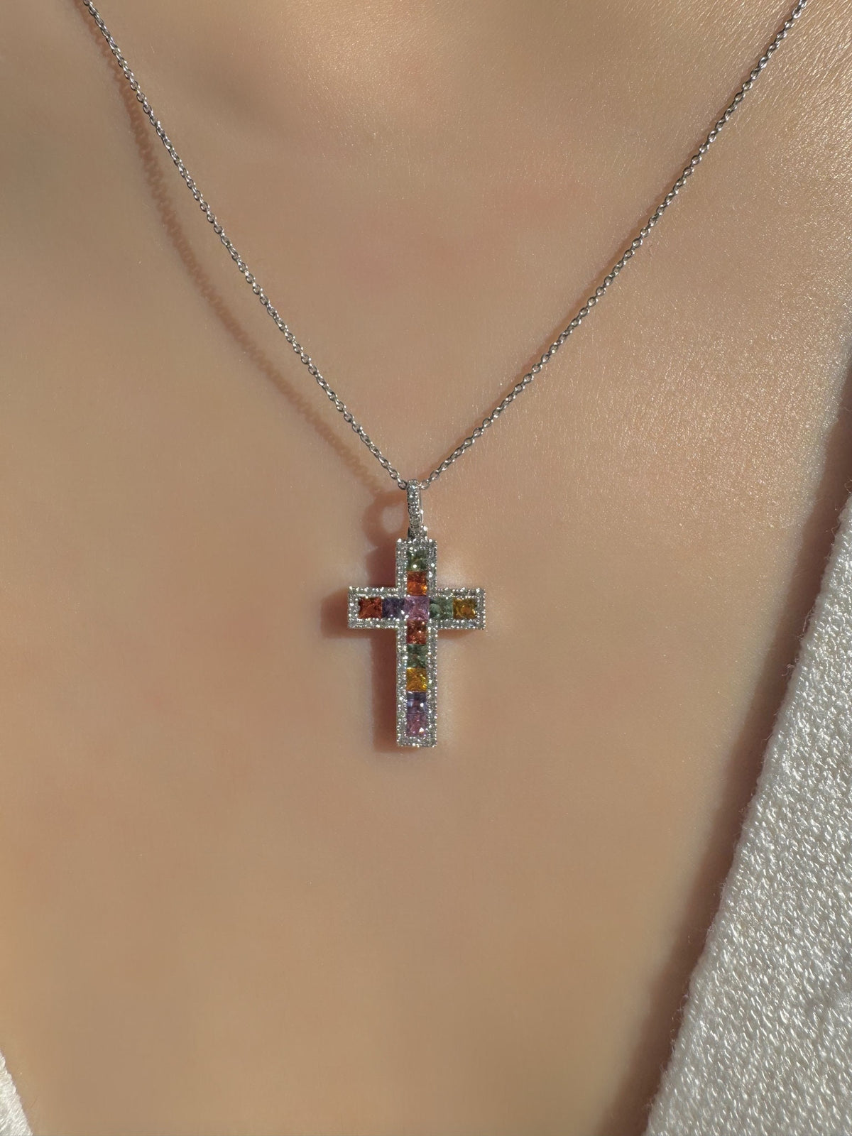 14k Solid Gold Rainbow Sapphire Diamond Cross Pendant, September Birthstone Jewelry