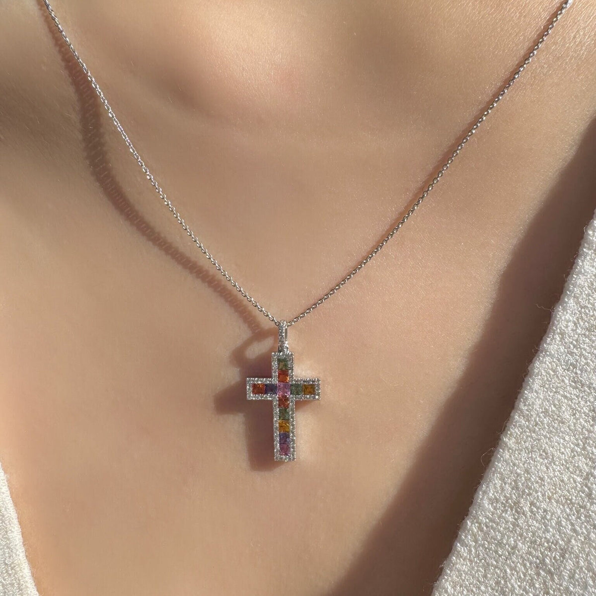 14k Solid Gold Rainbow Sapphire Diamond Cross Pendant, September Birthstone Jewelry