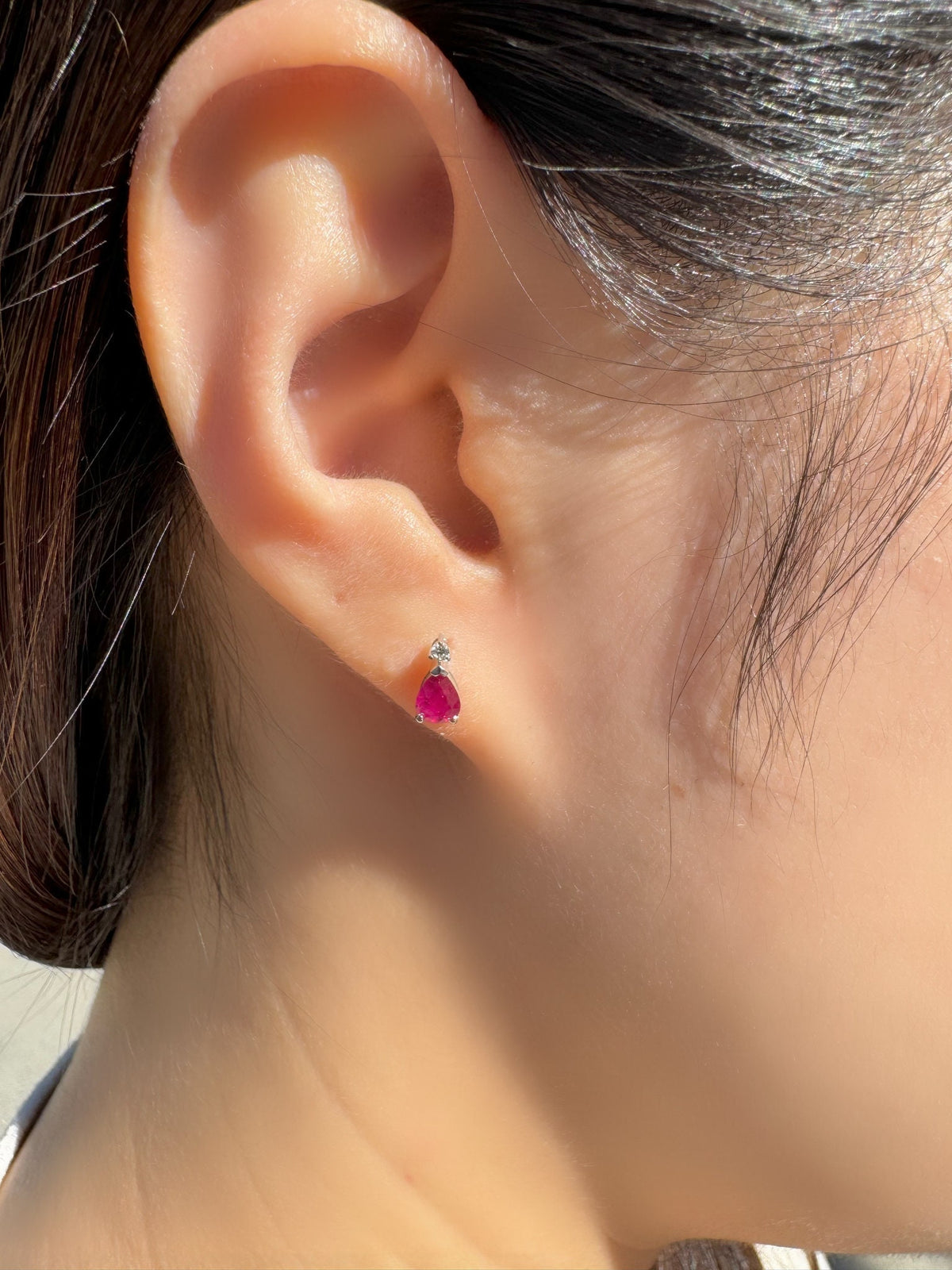 Genuine Ruby and Diamond Teardrop Stud Earrings in 14k Solid White Gold