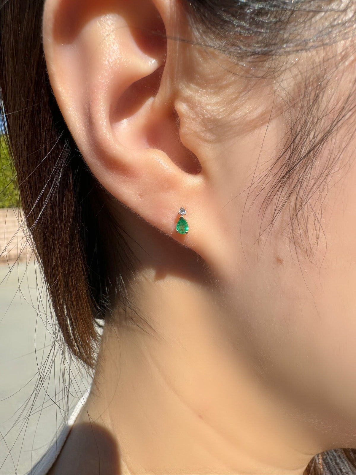 Pear Cut Emerald Diamond Stud Earrings, 14k Solid Gold, May Birthstone