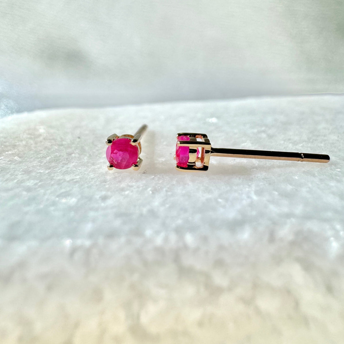 Genuine Ruby Round Cut Solitaire Stud Earrings, 3mm, 14k Solid Gold, July Birthstone