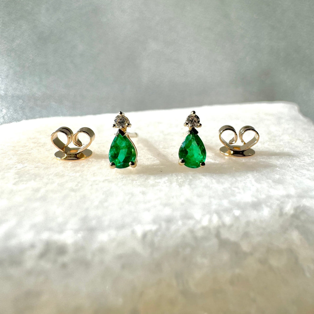 Pear Cut Emerald Diamond Stud Earrings, 14k Solid Gold, May Birthstone