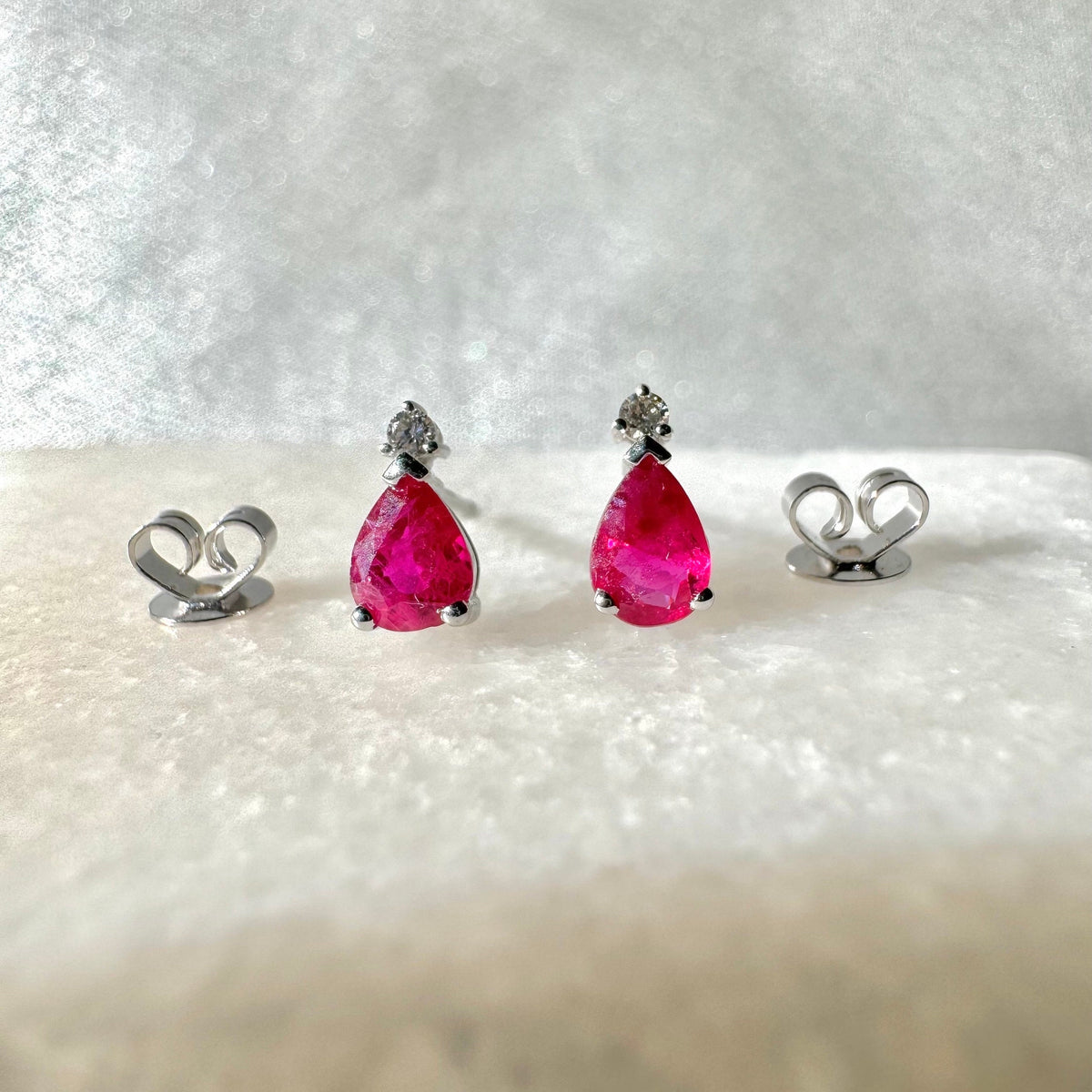 Genuine Ruby and Diamond Teardrop Stud Earrings in 14k Solid White Gold