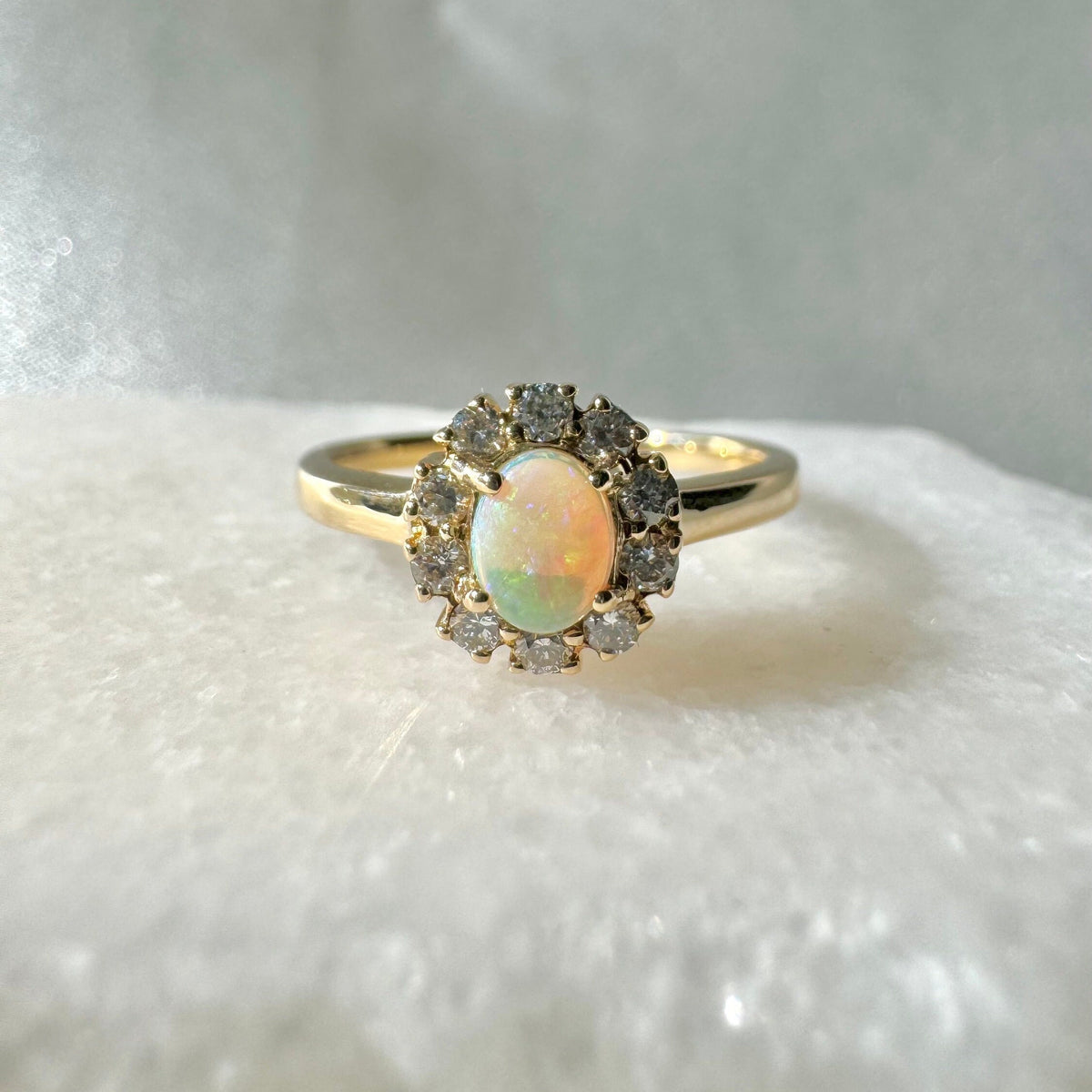 Oval Opal Diamond Halo Ring, 14k Solid Yellow Gold, October Birthstone, Opal Engagement Ring