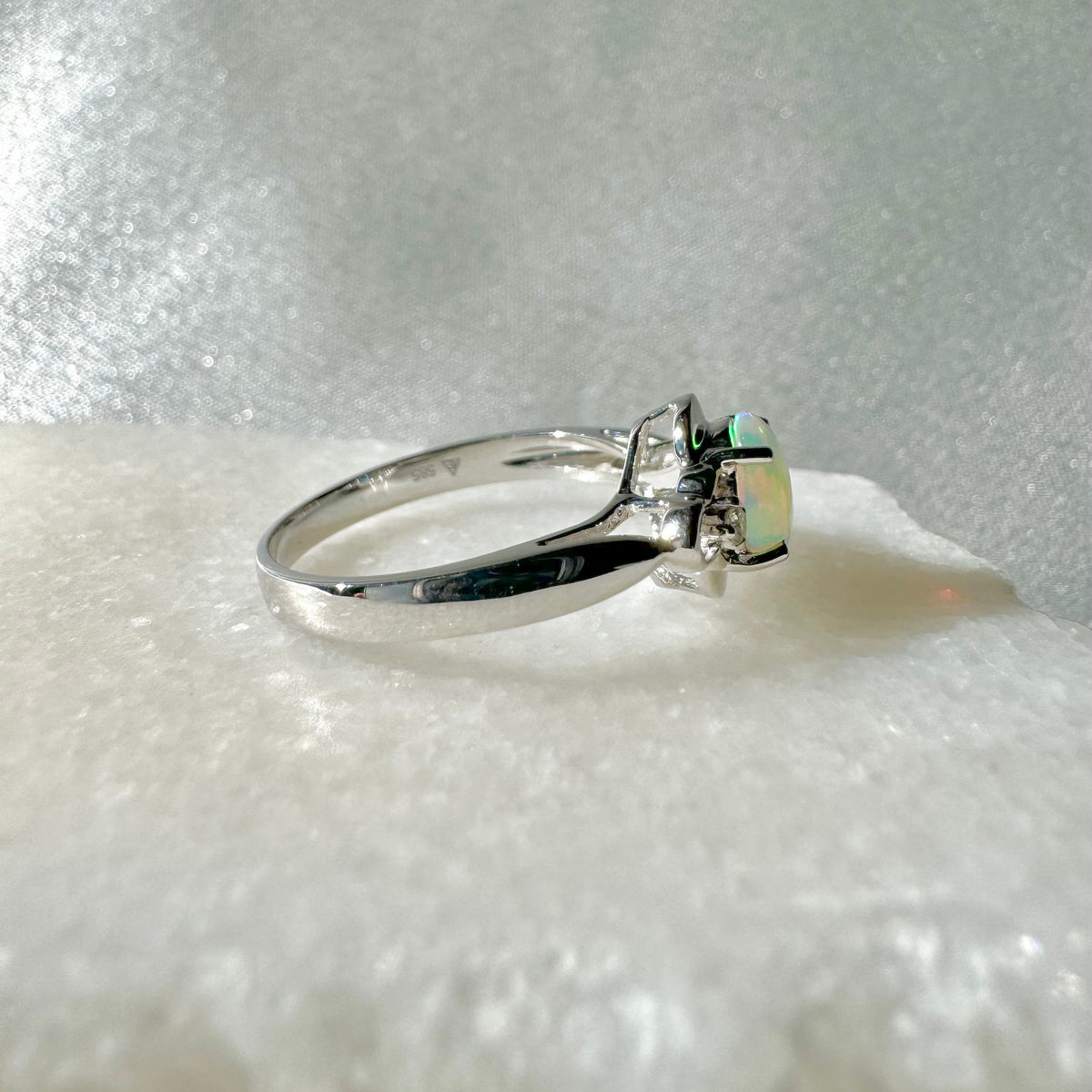 Cabochon Opal and Diamond Oval Ring, 14k Solid White Gold, October Birthstone, Gift for Her