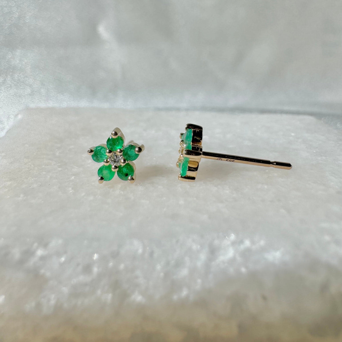 Genuine Emerald and Diamond Flower Stud Earrings / 14k Solid Gold