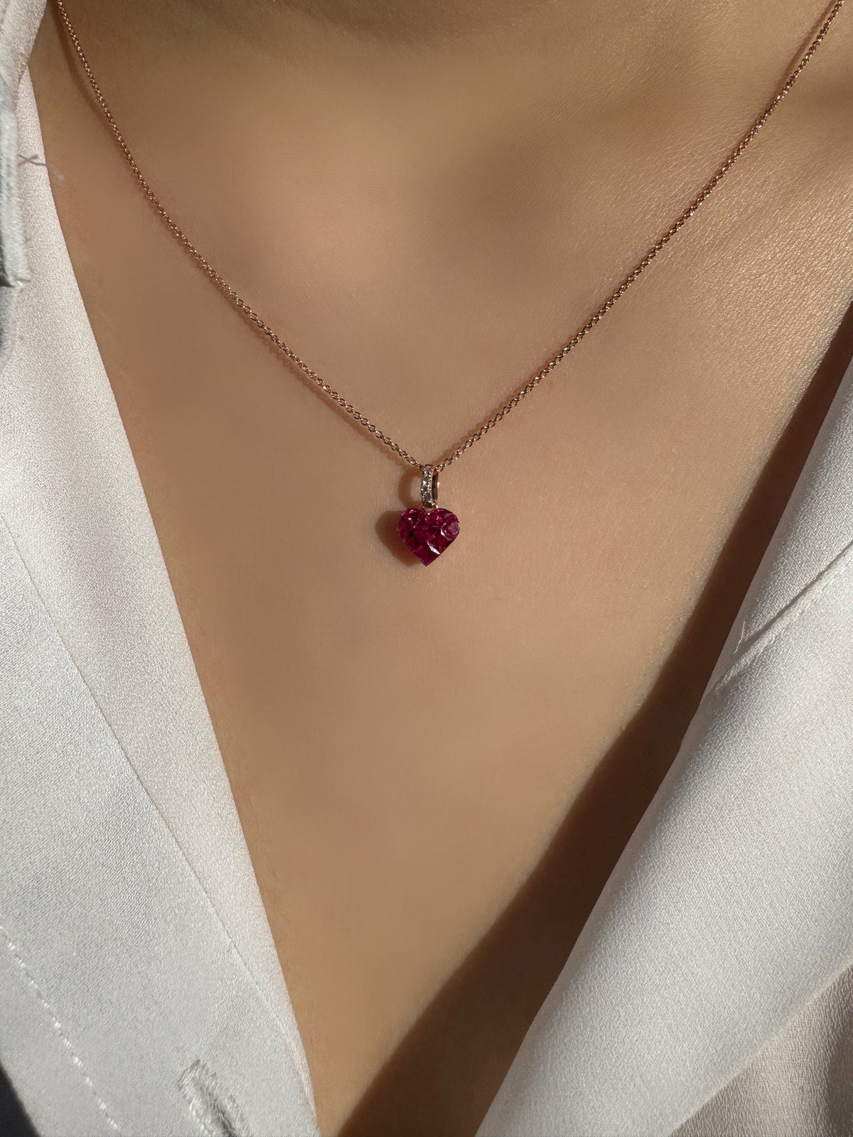 Genuine Ruby and Diamond Heart Pave Pendant | 18k Solid Rose Gold