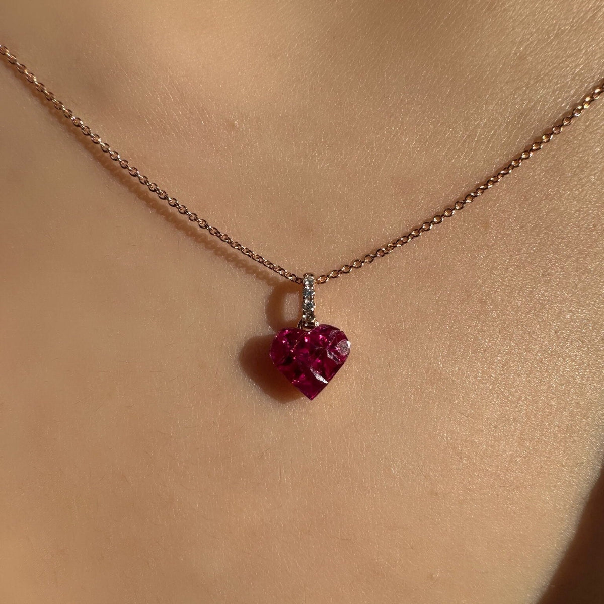 Genuine Ruby and Diamond Heart Pave Pendant | 18k Solid Rose Gold