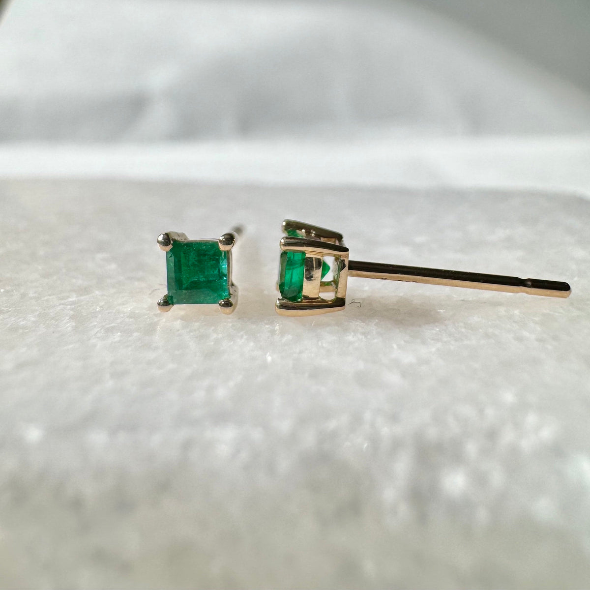 Genuine Emerald Princess Cut Stud Earrings / 14k Solid Gold