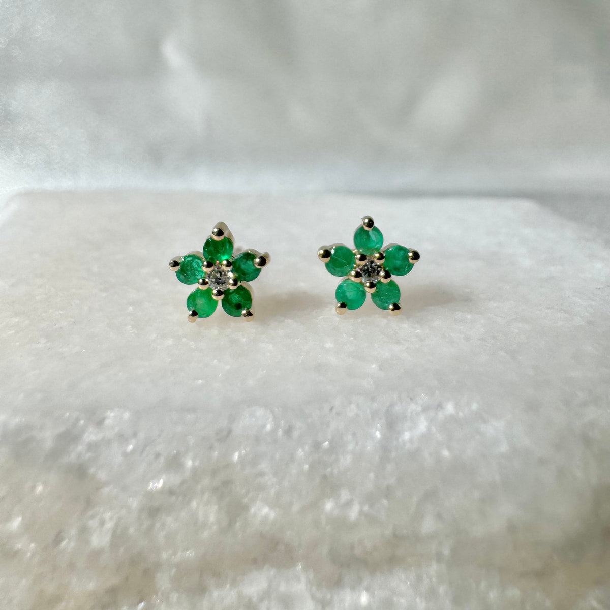 Genuine Emerald and Diamond Flower Stud Earrings / 14k Solid Gold