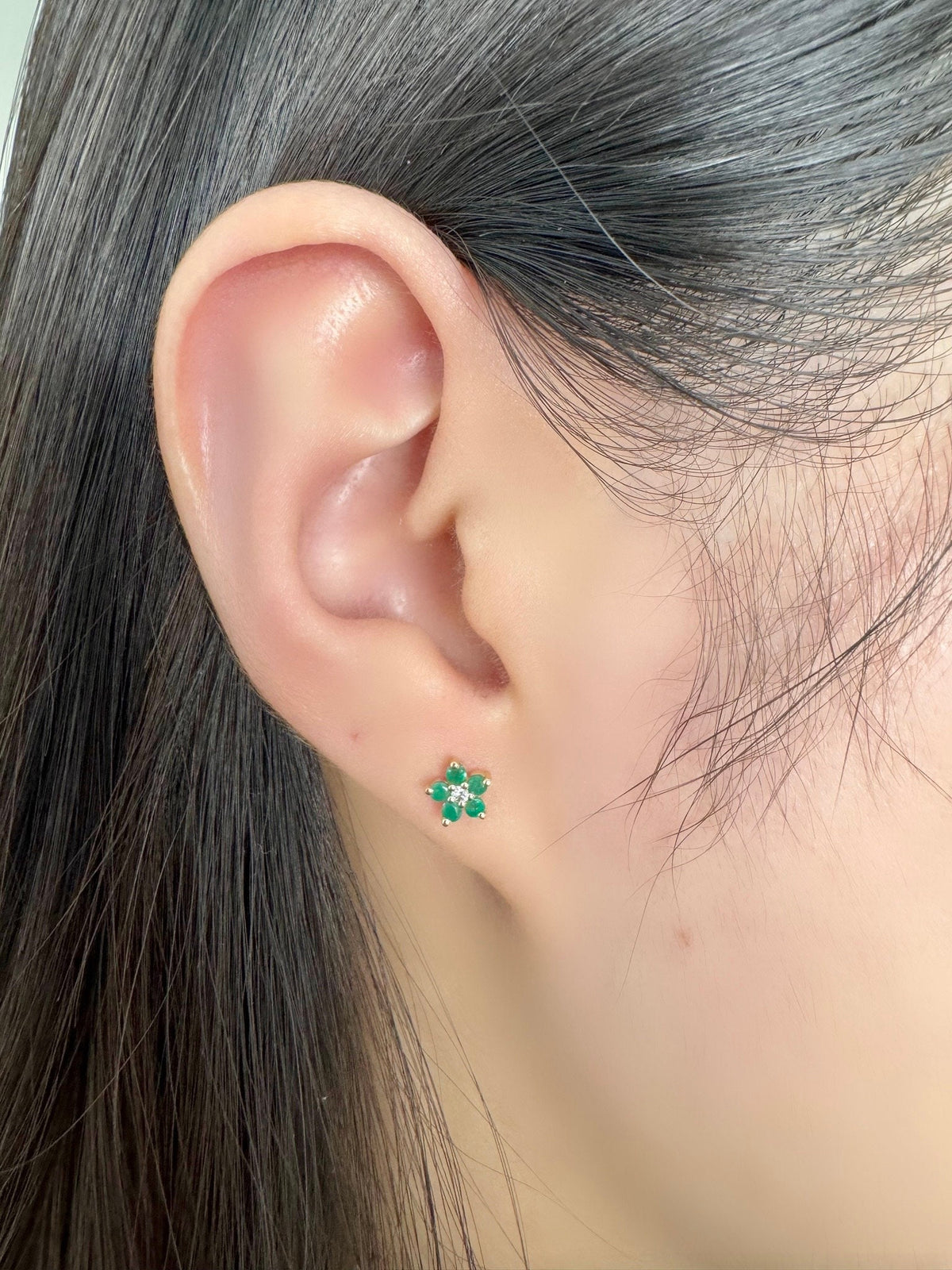 Genuine Emerald and Diamond Flower Stud Earrings / 14k Solid Gold