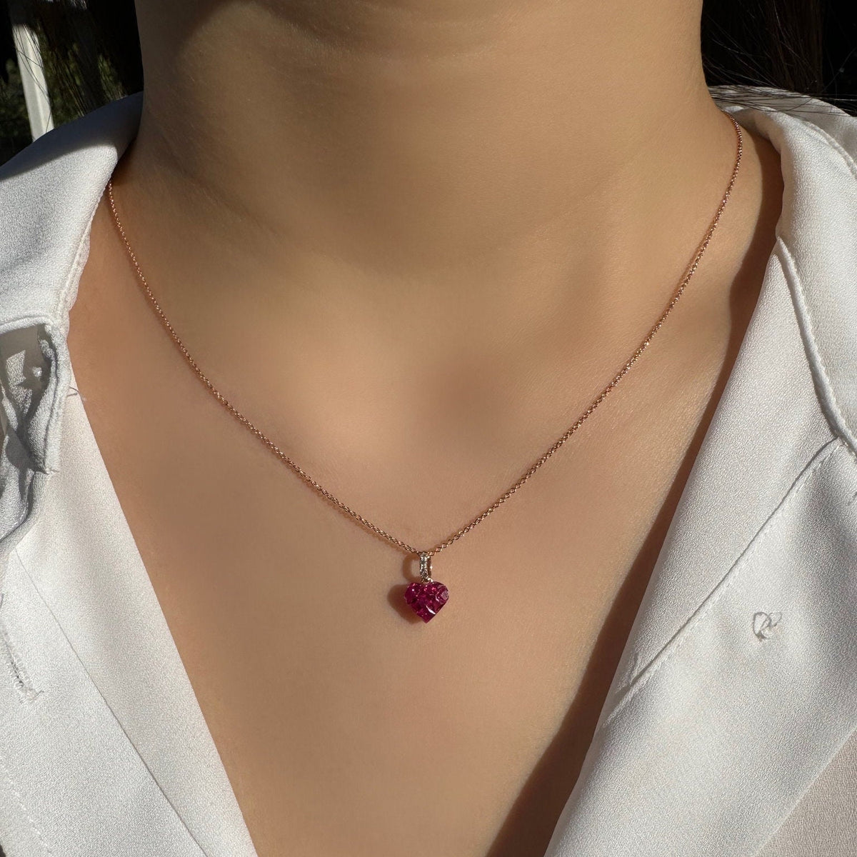 Genuine Ruby and Diamond Heart Pave Pendant | 18k Solid Rose Gold