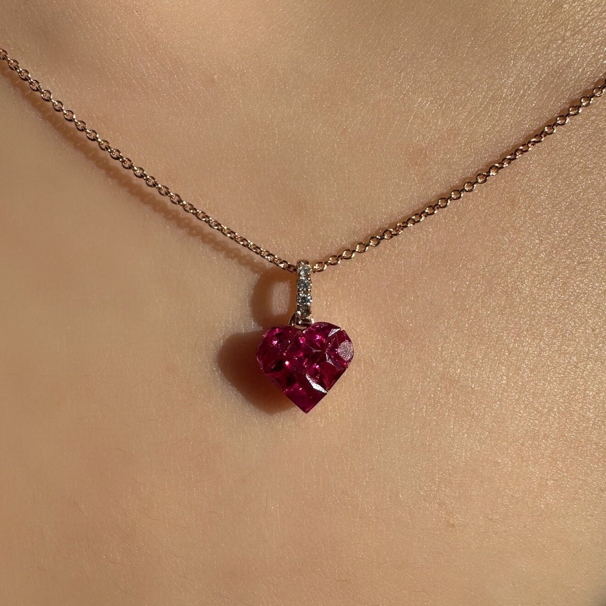 Genuine Ruby and Diamond Heart Pave Pendant | 18k Solid Rose Gold