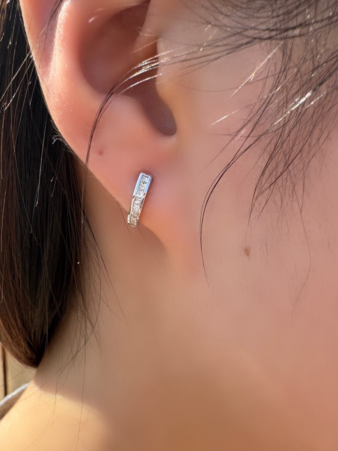 Natural Diamond Pavé Half Hoop Earrings, 14k Solid White Gold, April Birthstone Gift
